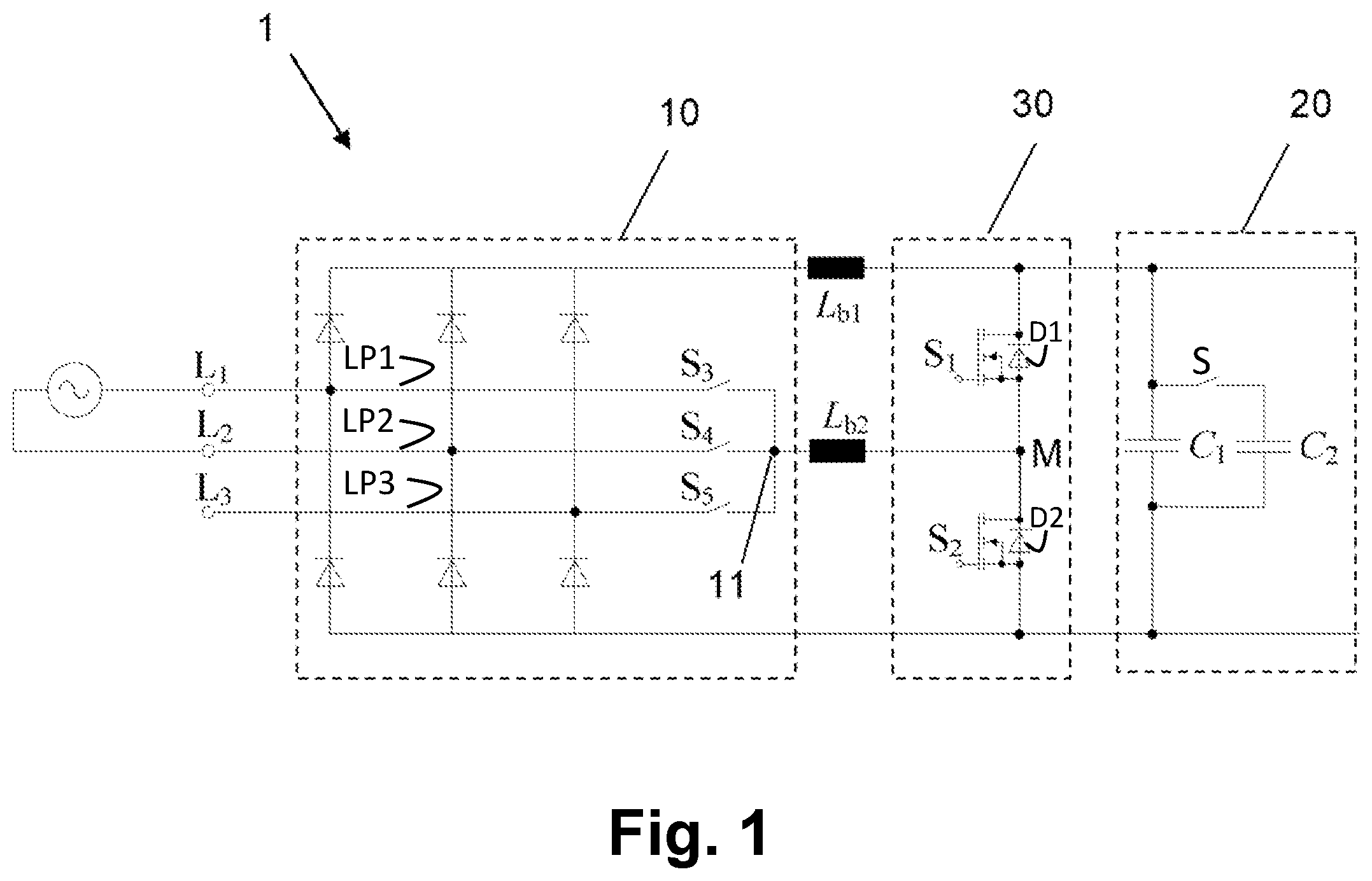 Patent US12107491 — Efficient DC link processing within a PFC circuit arrangement — Figure 1