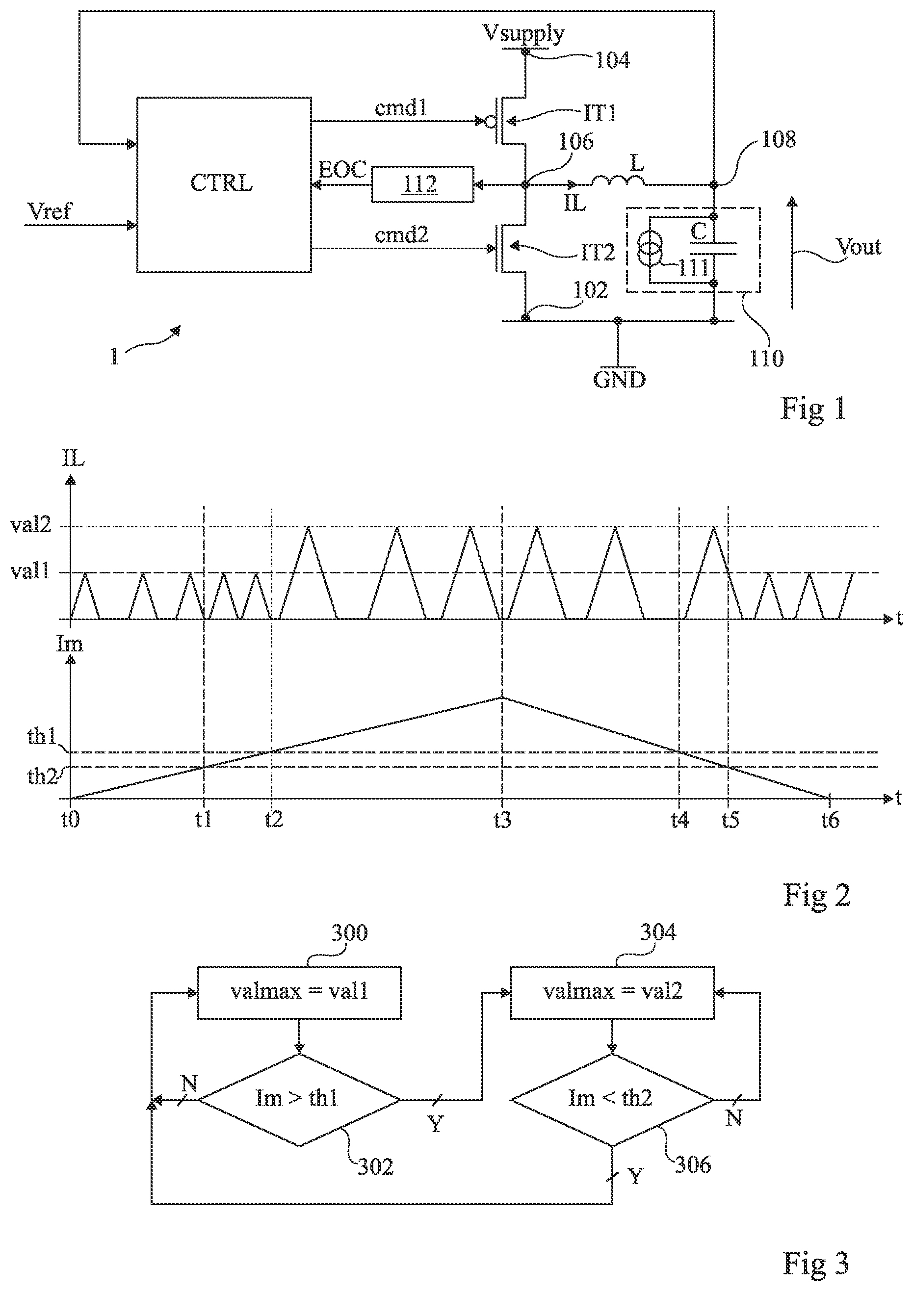 Patent US12107499 — Adaptive current threshold controlled SMPS buck converter with pulse frequency modulation — Figure 1