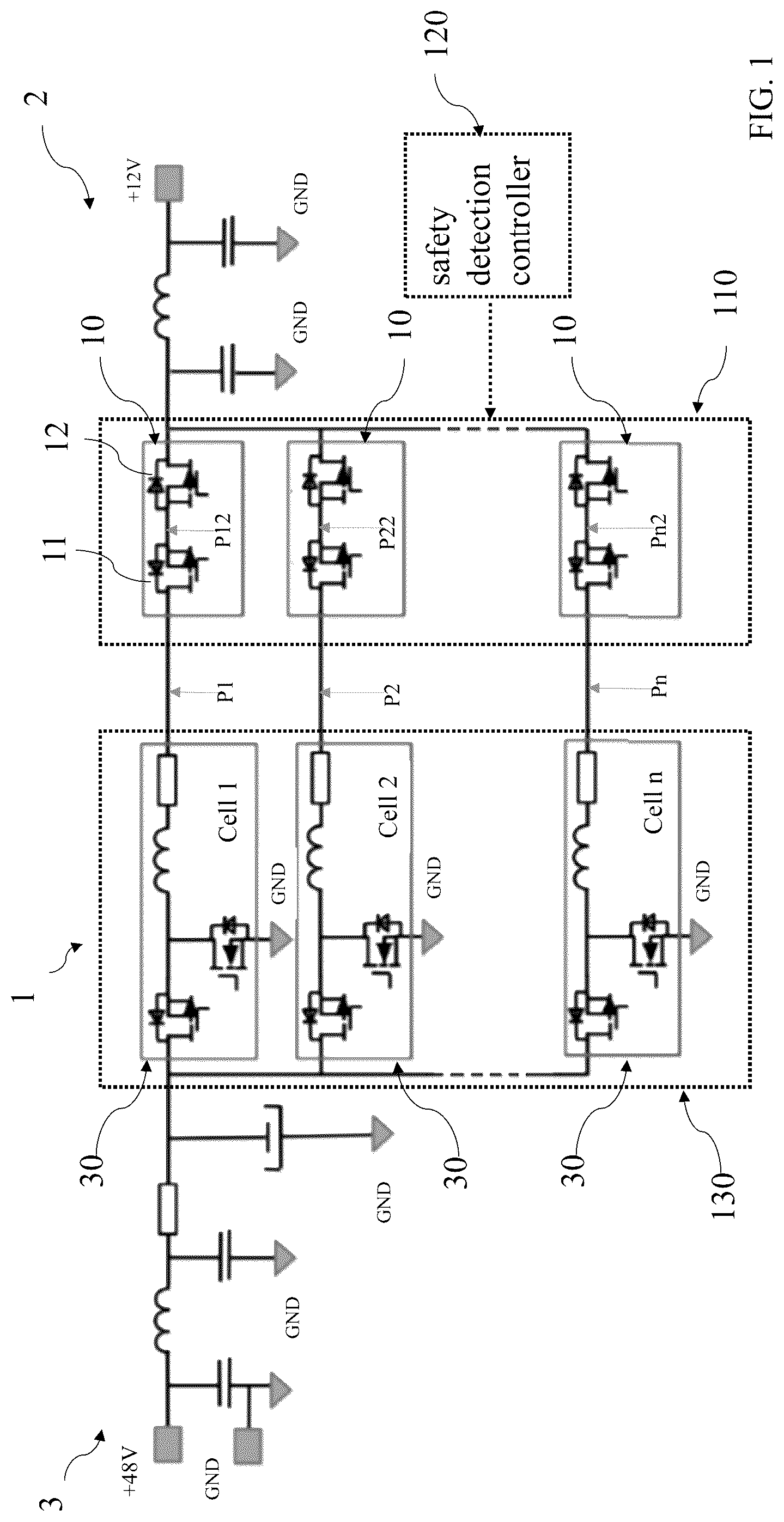 Patent US12107502 — Voltage converter, an electrified vehicle and a method for real-timely detecting a voltage converter — Figure 1