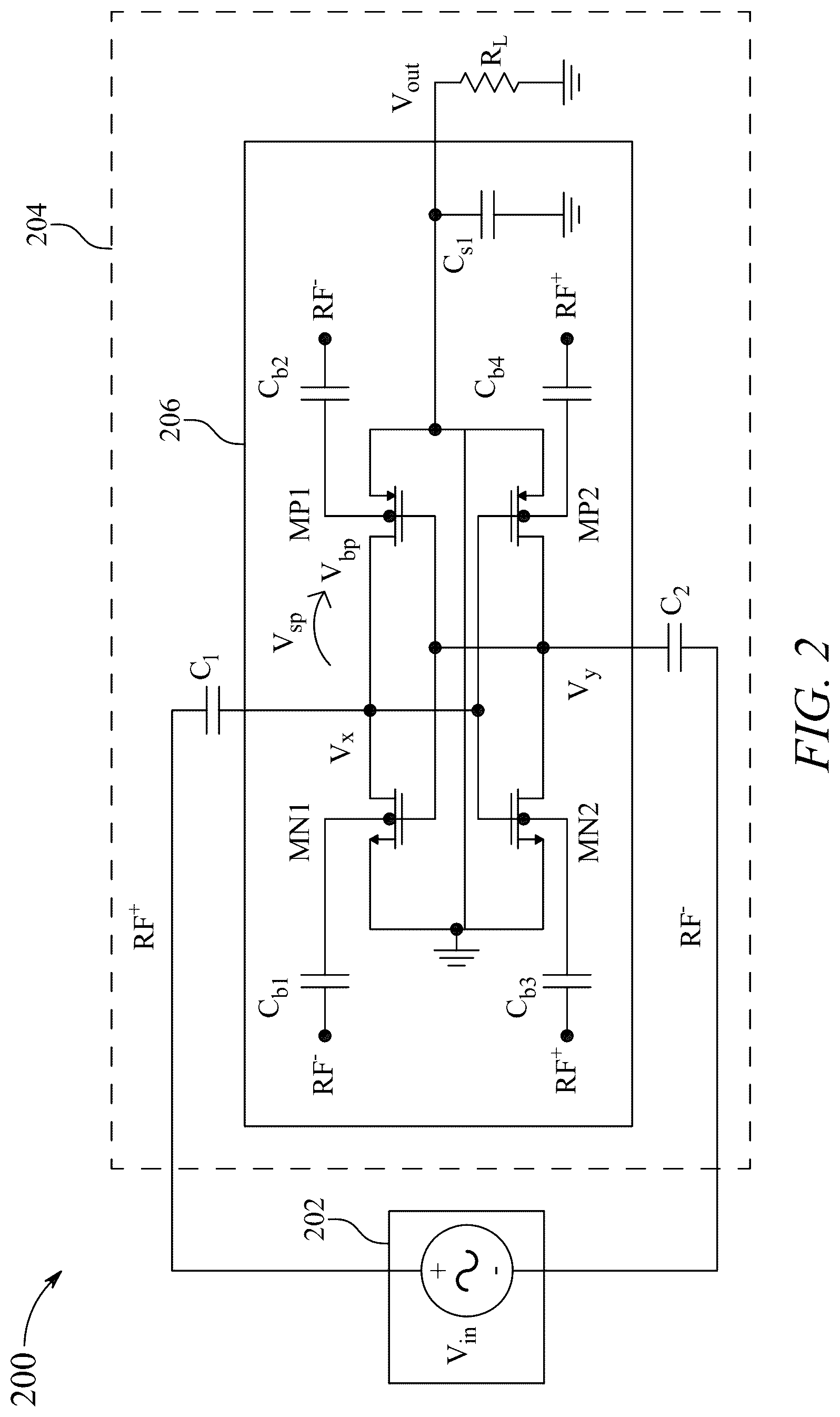 Patent US12107511 Figure 2 – Five stage complimentary metal-oxide semiconductor rectifier with energy harvesting antenna