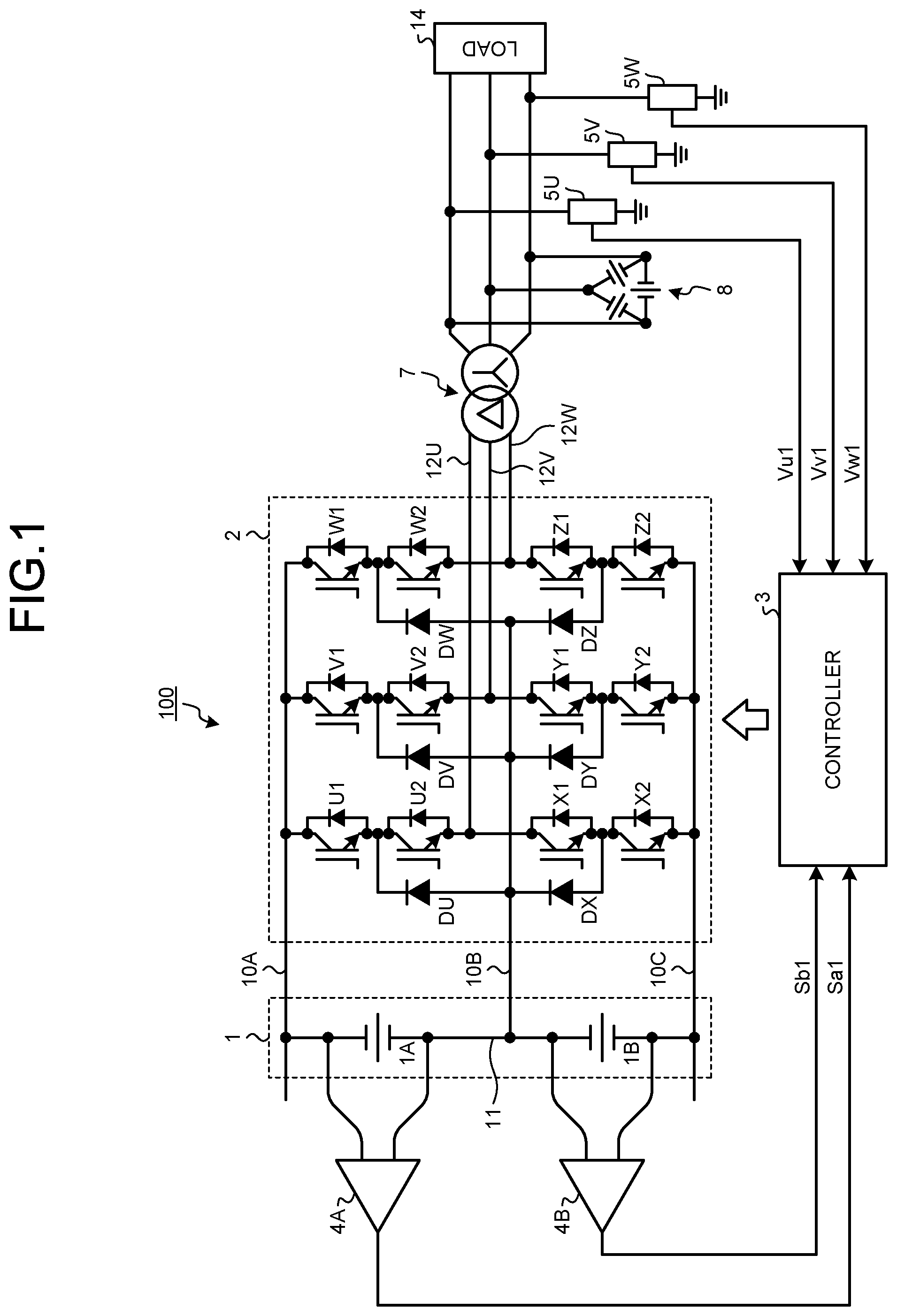 Patent US12107513 — Three-level power converter and method of controlling intermediate potential of direct current power supply unit — Figure 1