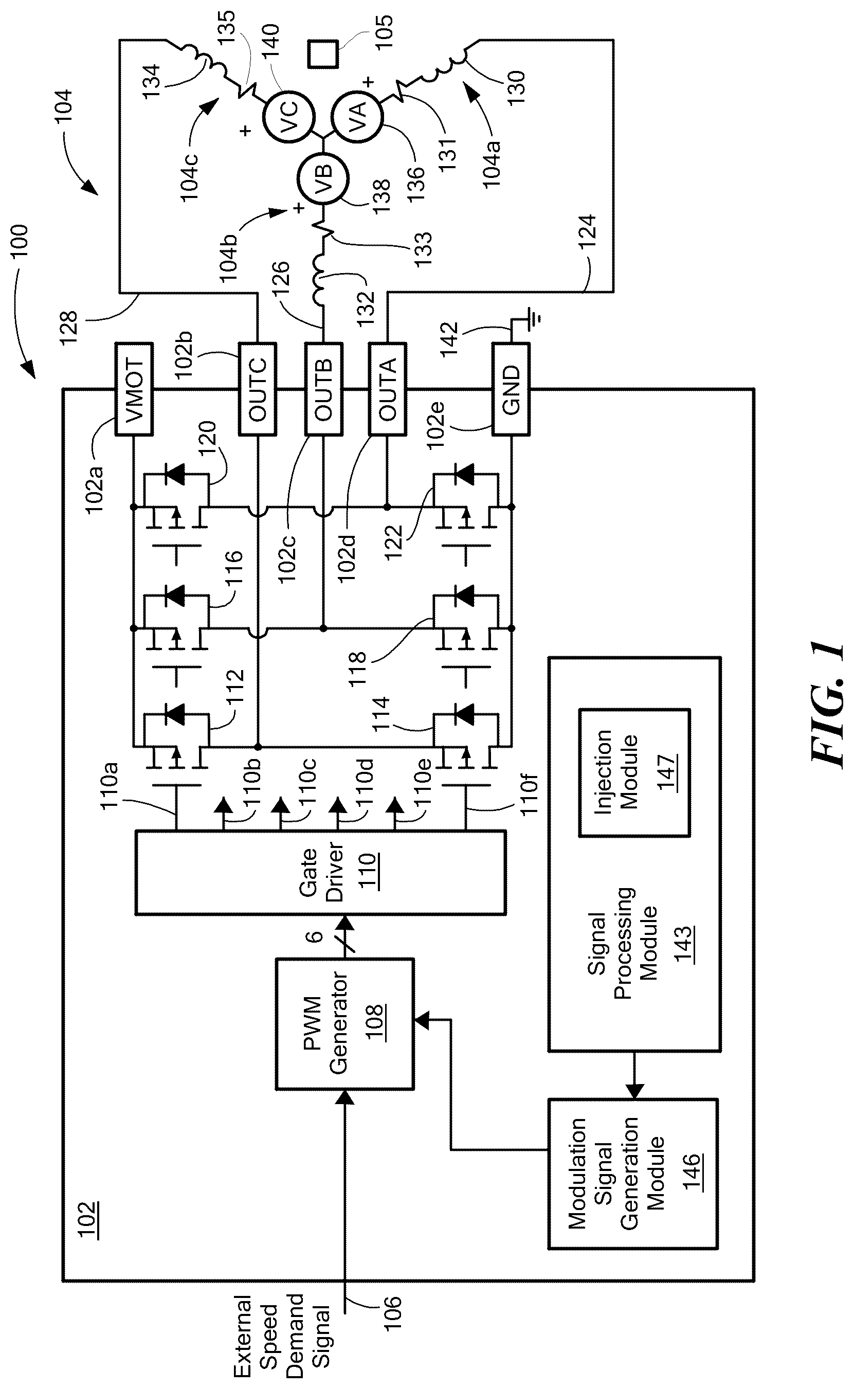 Patent US12107528 — Motor controller having low noise high frequency signal injection — Figure 1