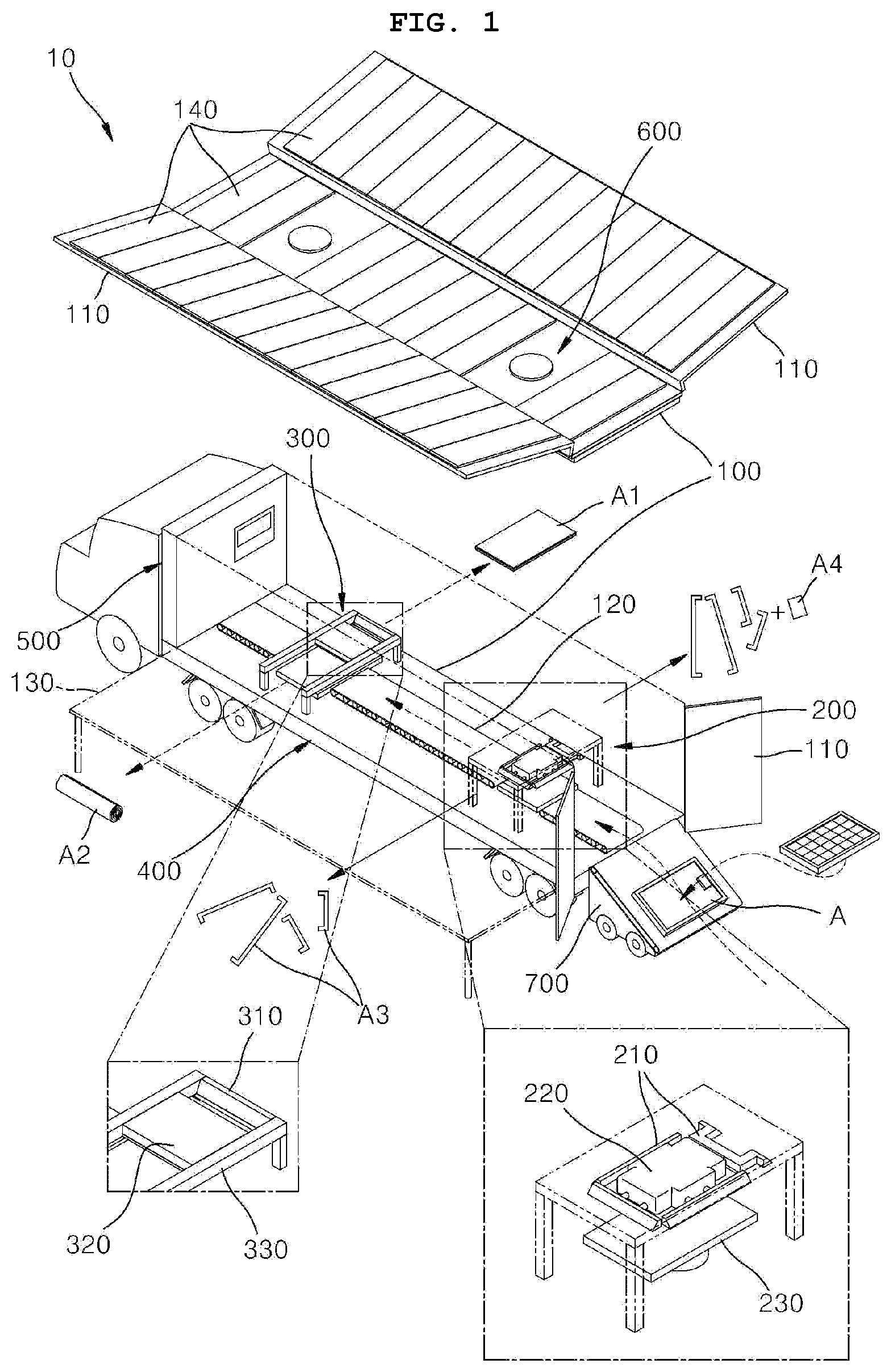 Patent US12107529 Figure 1 – Movable solar module disassembling apparatus and movable solar module disassembling system comprising thereof