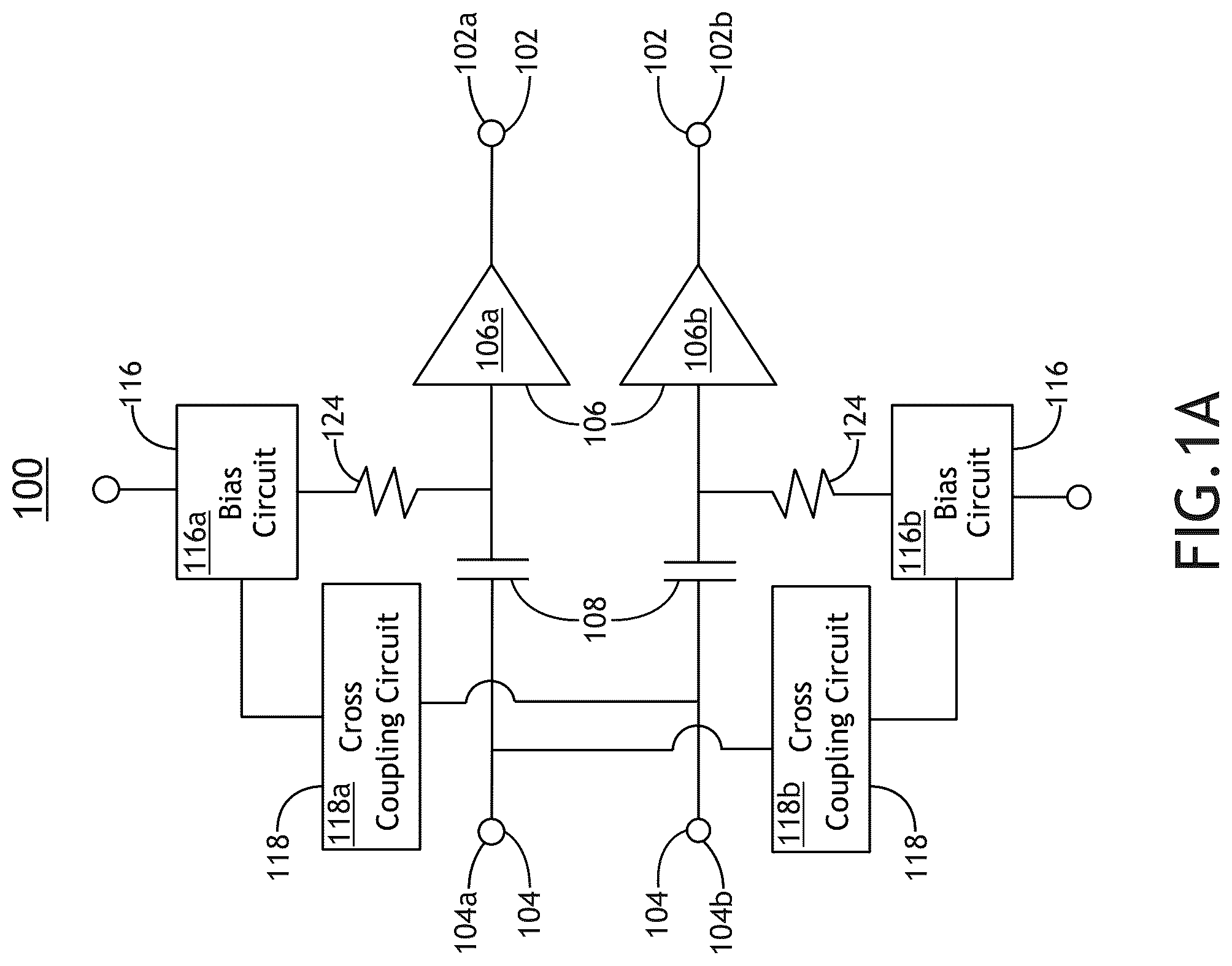 Patent US12107550 — Linearization of differential RF power amplifier by bias control using cross-coupling components — Figure 1
