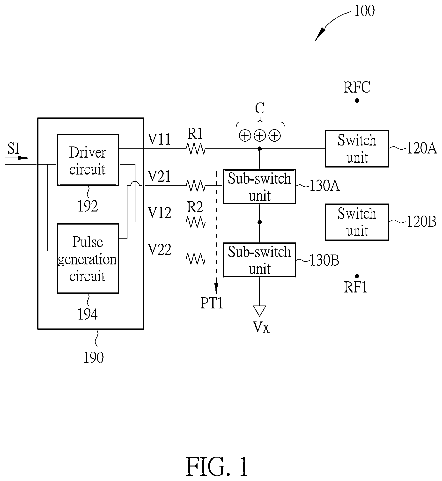 Patent US12107572 — Switch device where charges accumulated at control terminals of switch units can be discharged and/or neutralized via sub-switch units — Figure 1