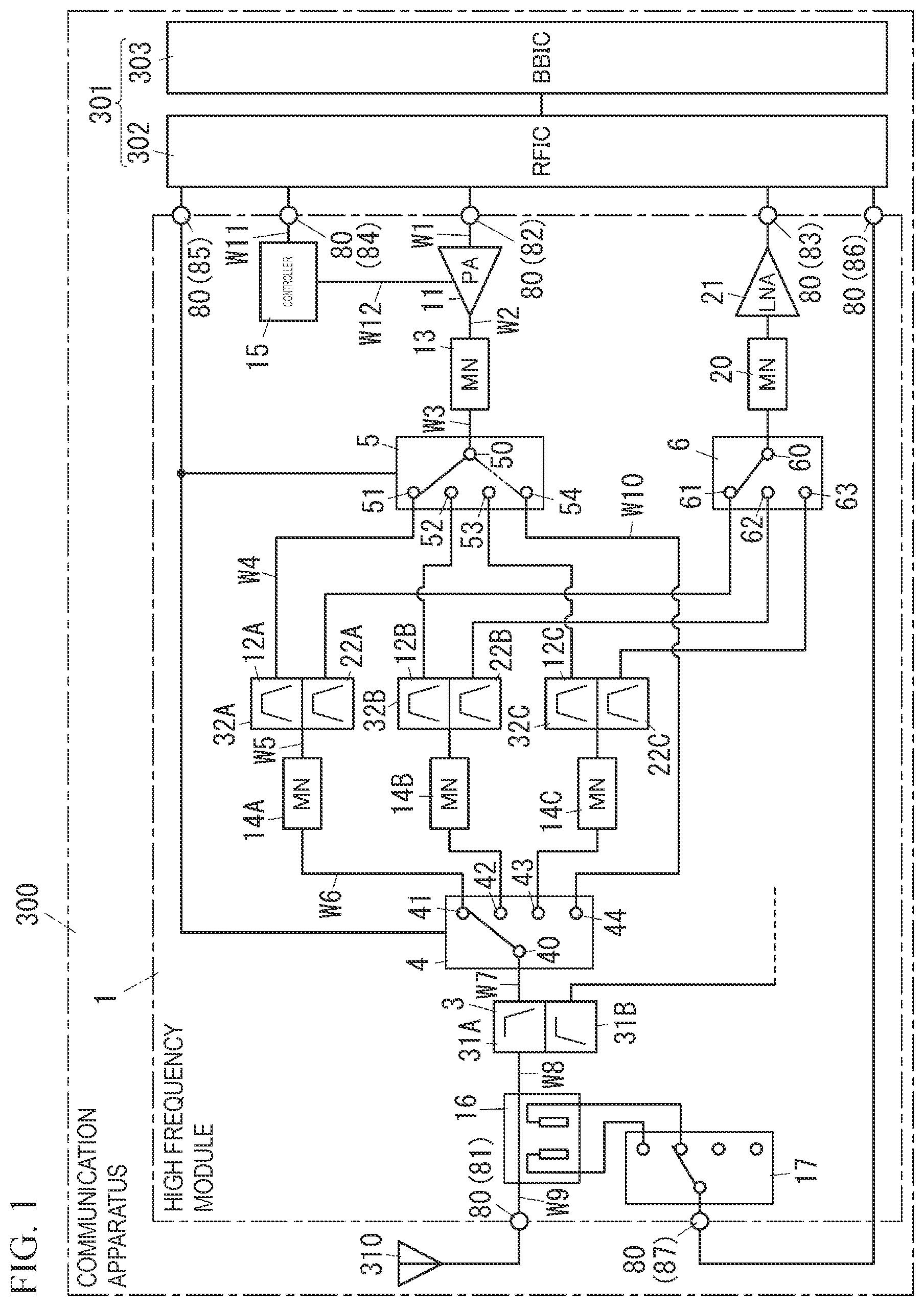 Patent US12107616 — High frequency module and communication apparatus — Figure 1