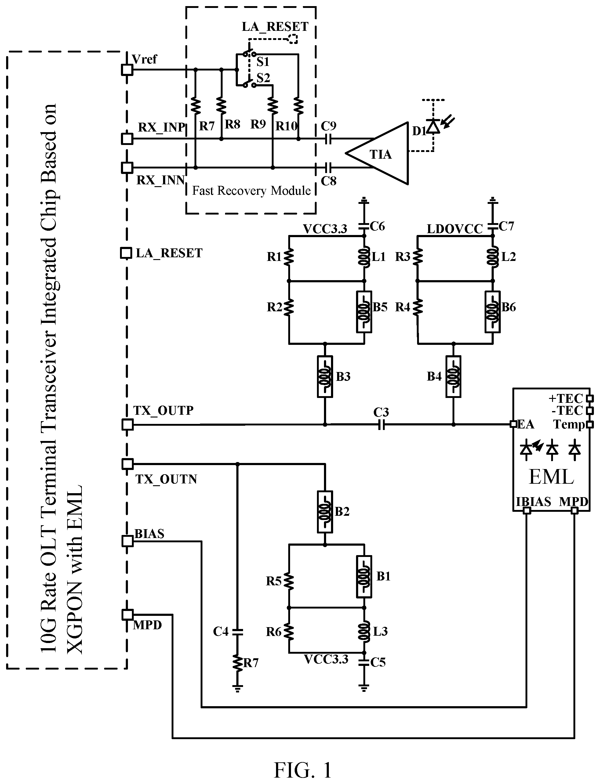 Patent US12107623 — 10G rate OLT terminal transceiver integrated chip based on XGPON with EML laser — Figure 1