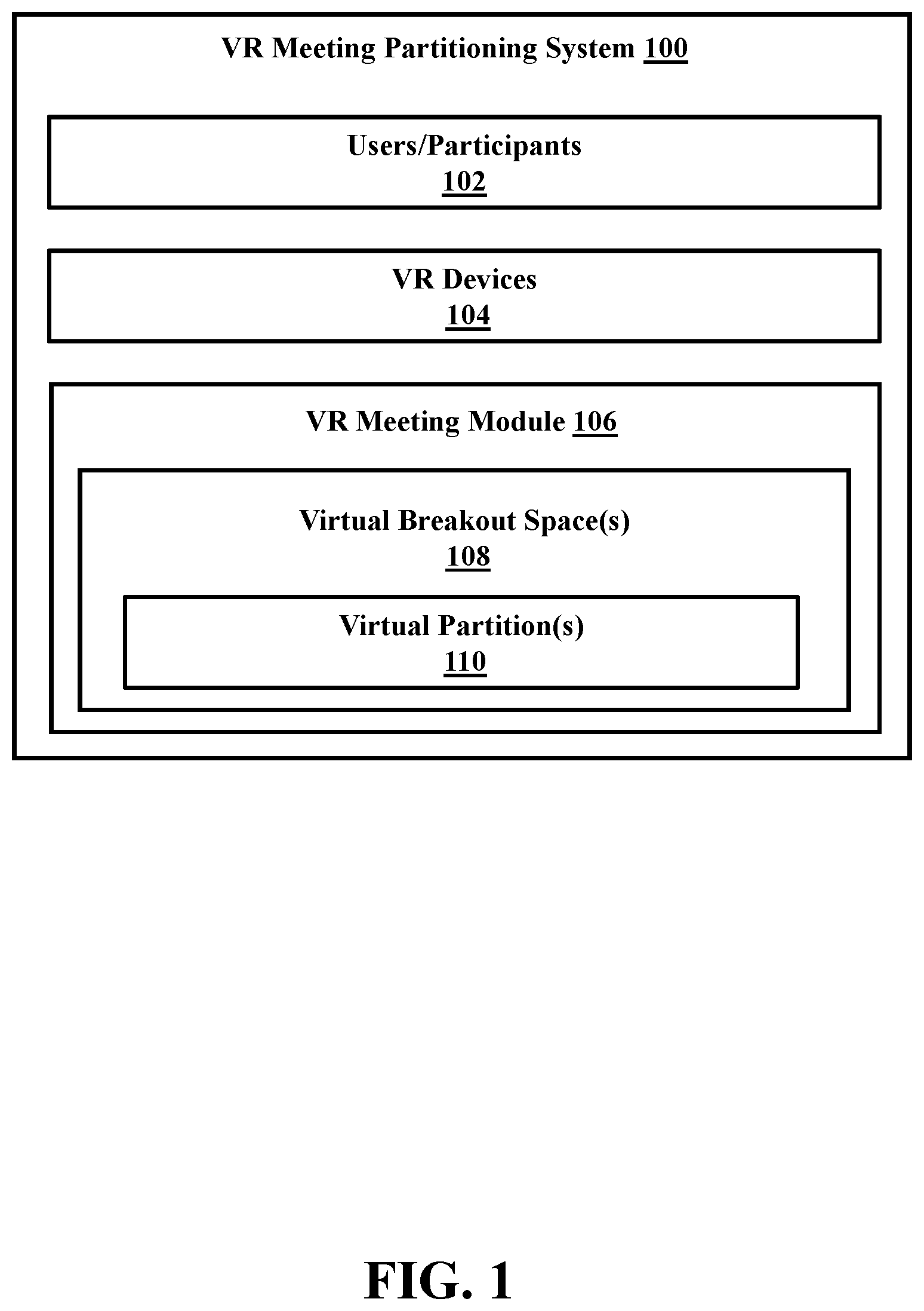 Patent US12107696 — Virtual system for merging and splitting virtual meetings — Figure 1