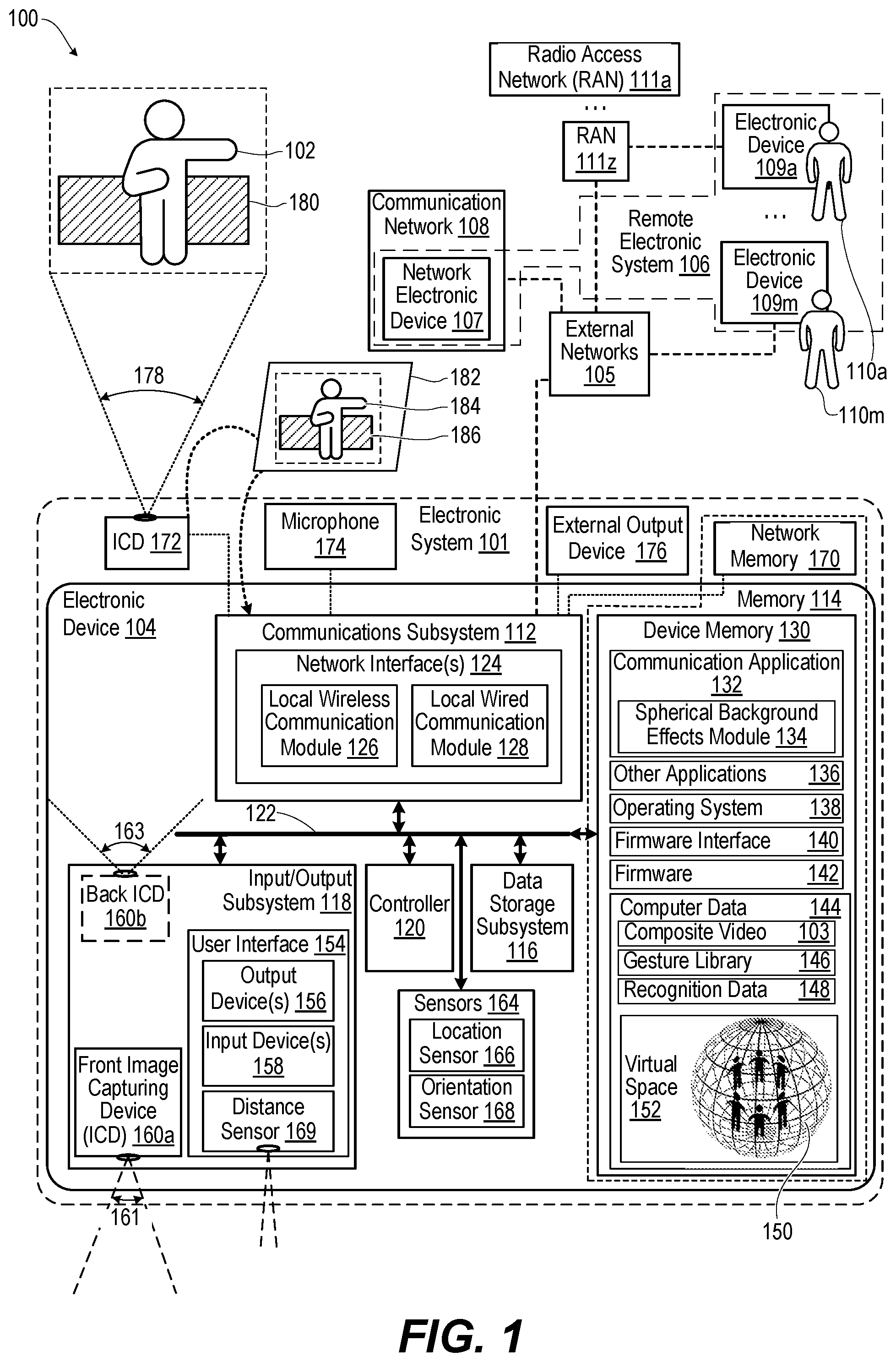 Patent US12108192 — Electronic system and method providing a shared virtual environment for a video call using video stitching with a rotatable spherical background — Figure 1