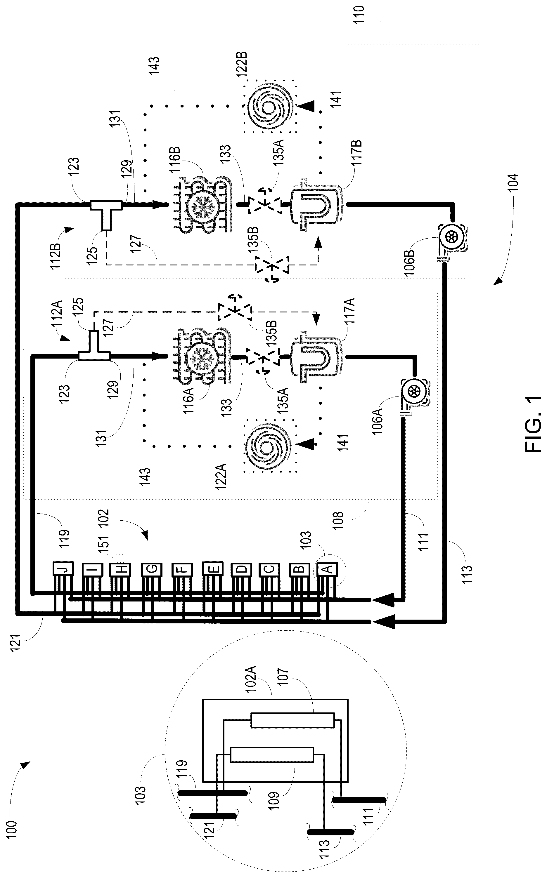 Patent US12108571 Figure 1 – Electronics cabinet cooling system
