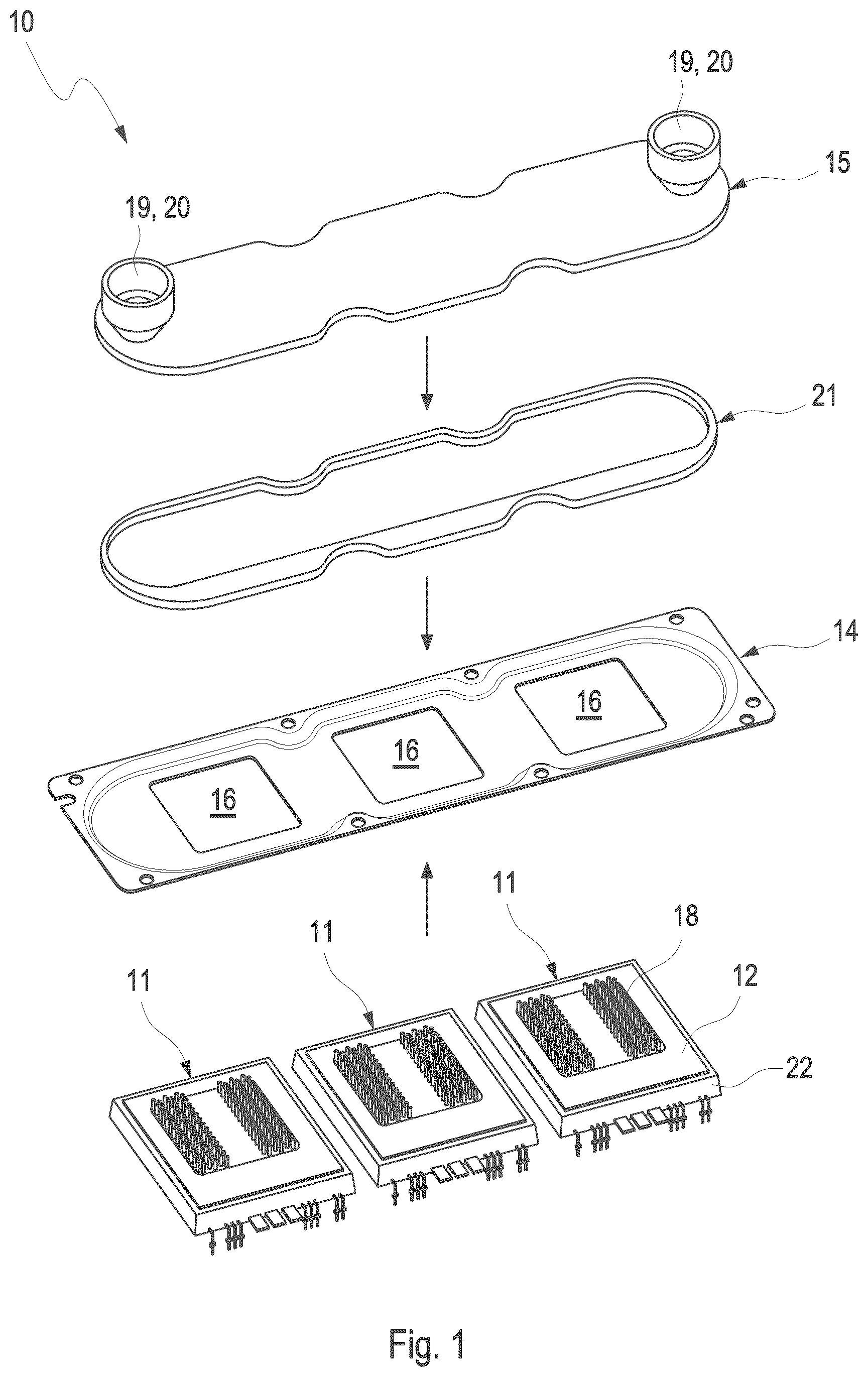 Patent US12108580 — Direct cooling of a power converter by using a stamped plate — Figure 1