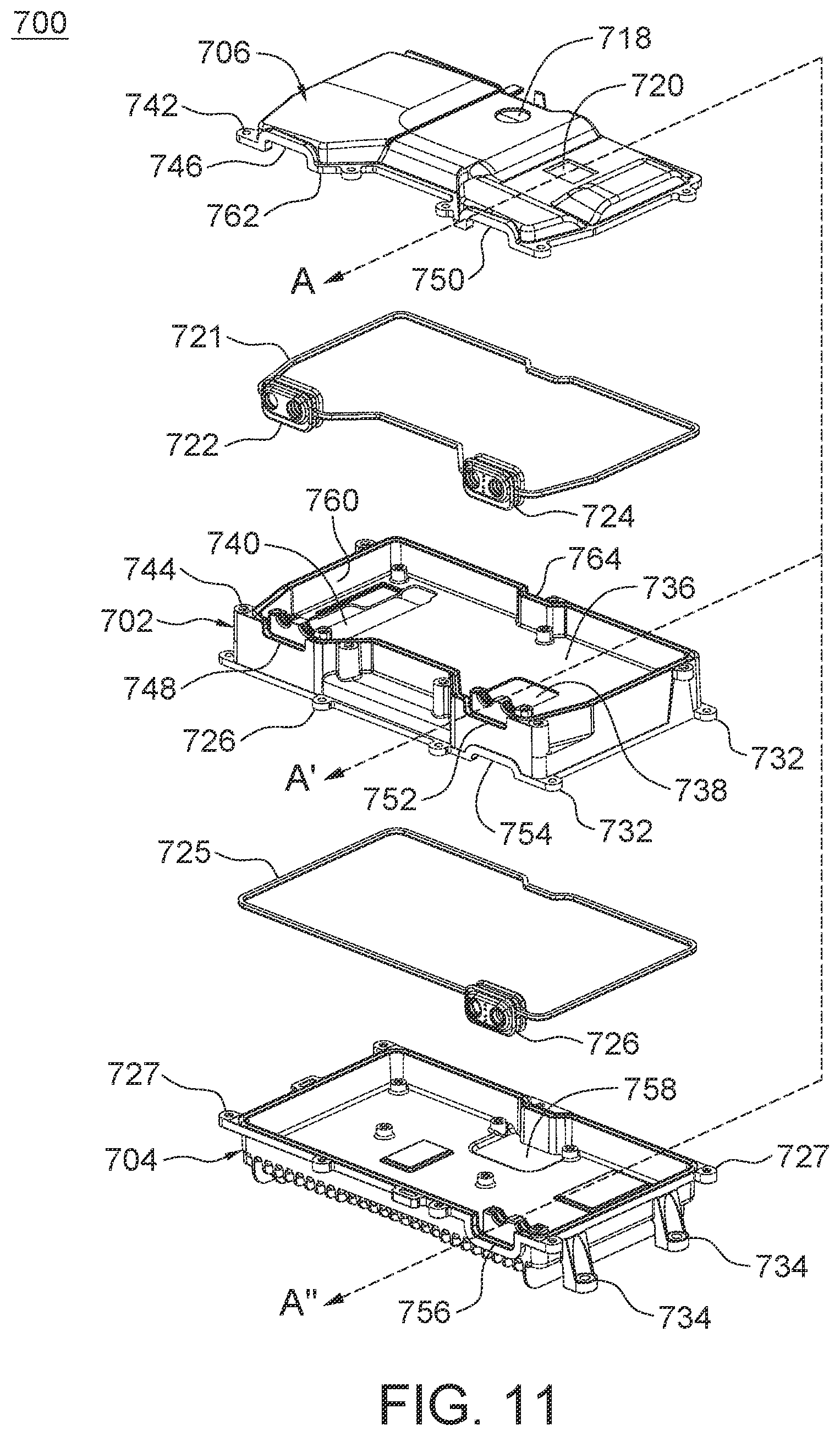 Patent US12108581 Figure 11 – Multi-chambered shield enclosure for vertically stacked module arrangement and electronic apparatus incorporating same