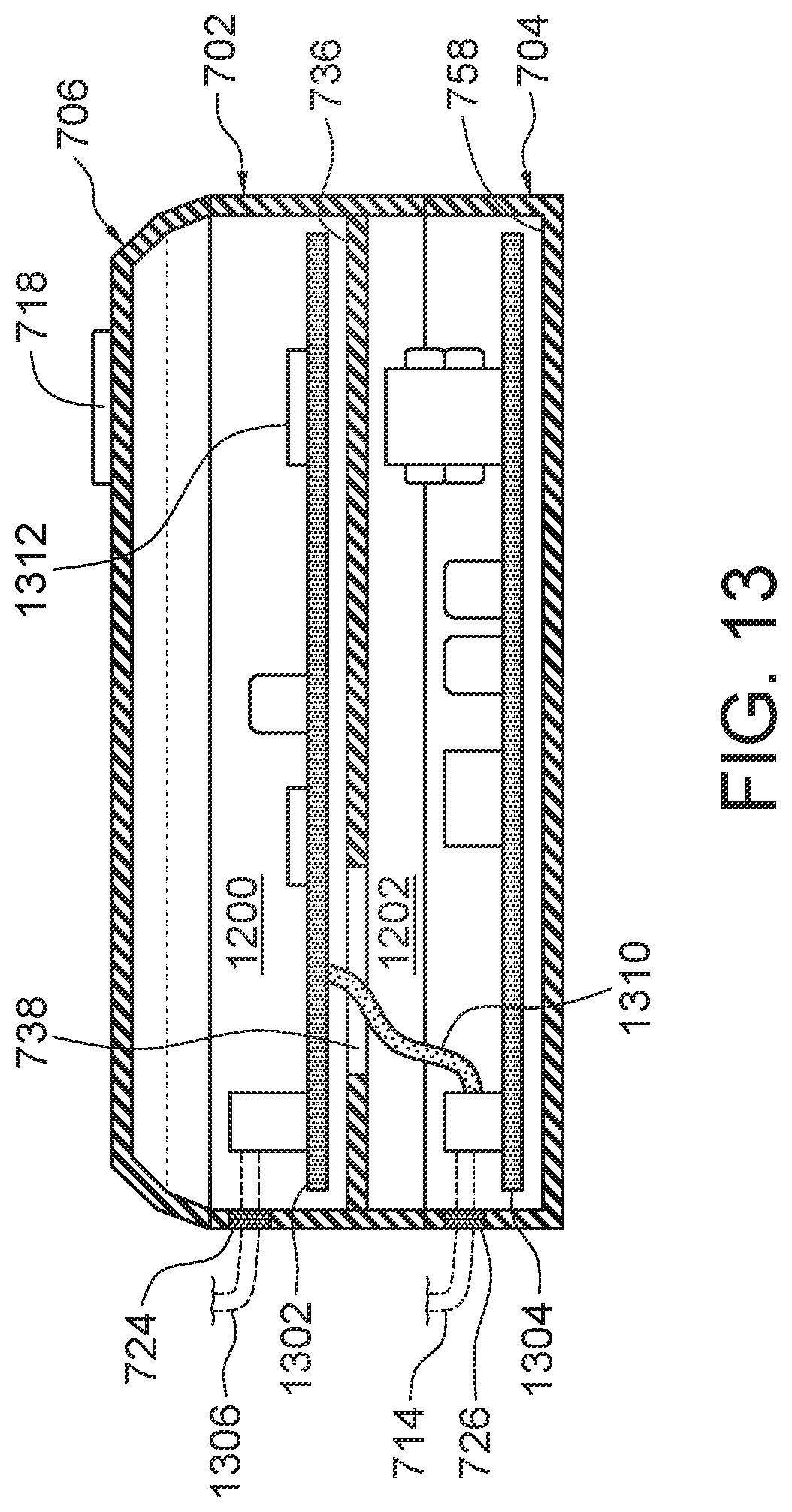 Patent US12108581 Figure 13 – Multi-chambered shield enclosure for vertically stacked module arrangement and electronic apparatus incorporating same