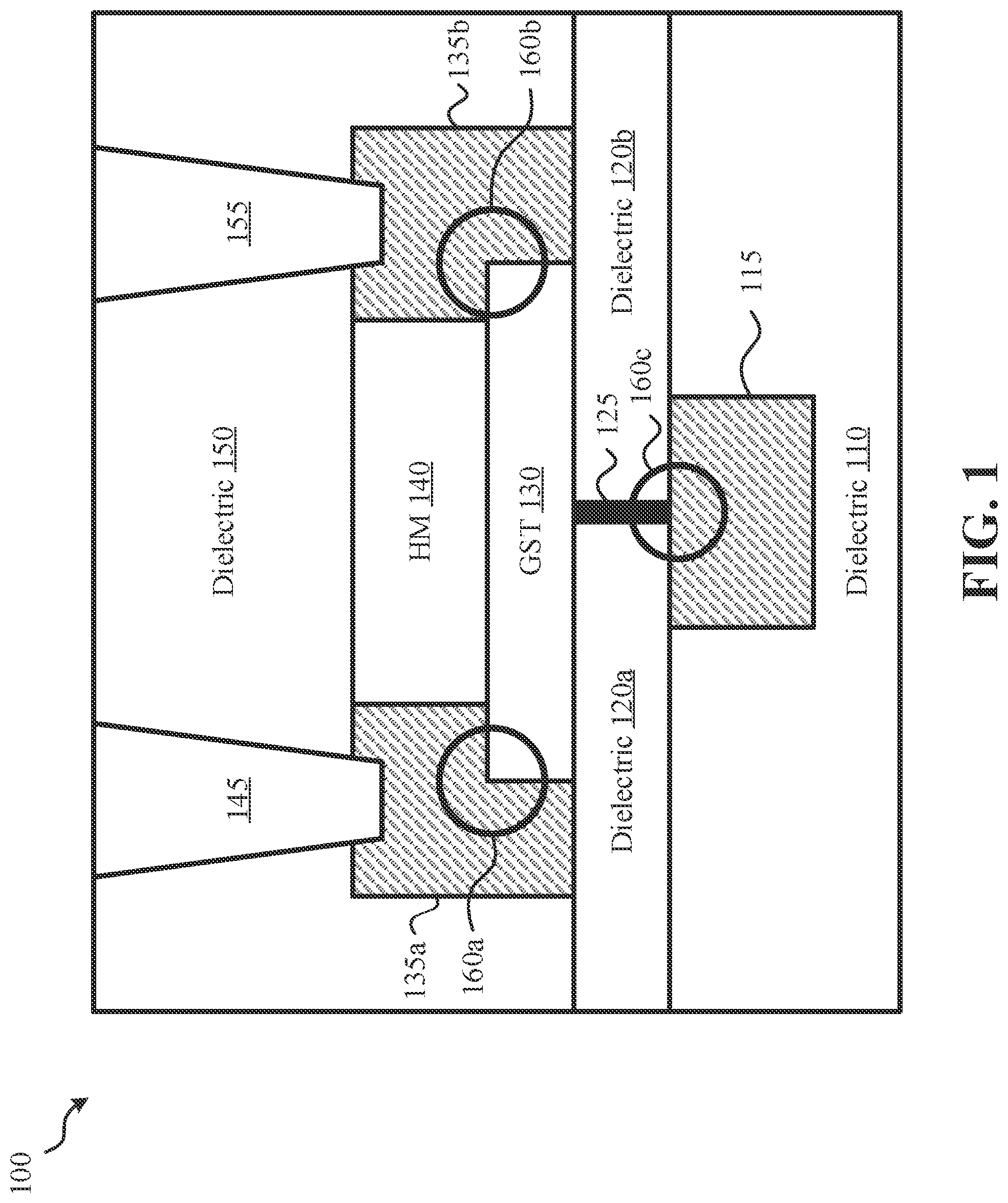 Patent US12108692 — Three terminal phase change memory with self-aligned contacts — Figure 1