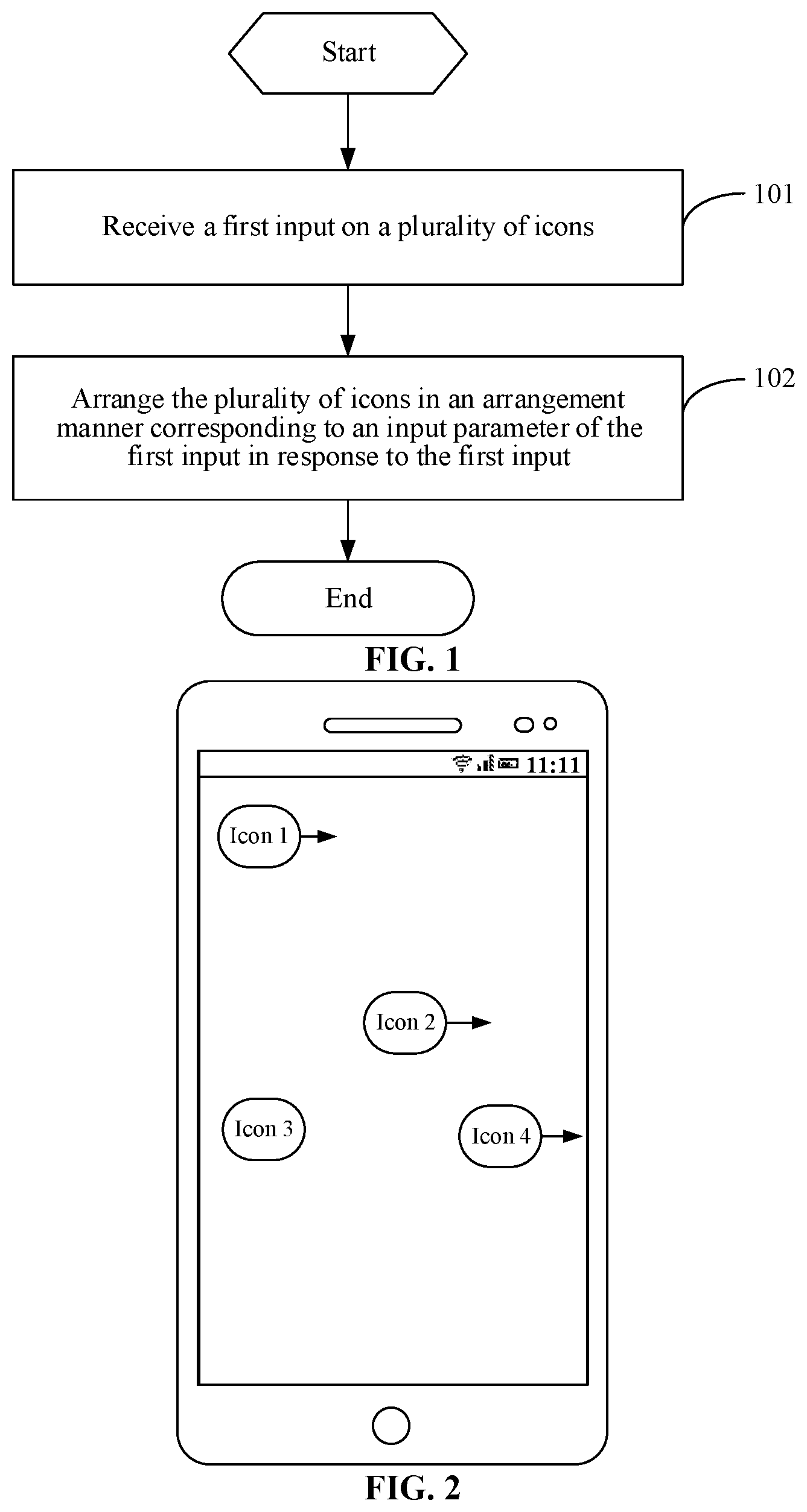 Patent US12112016 — Icon arranging method and apparatus, and electronic device — Figure 1