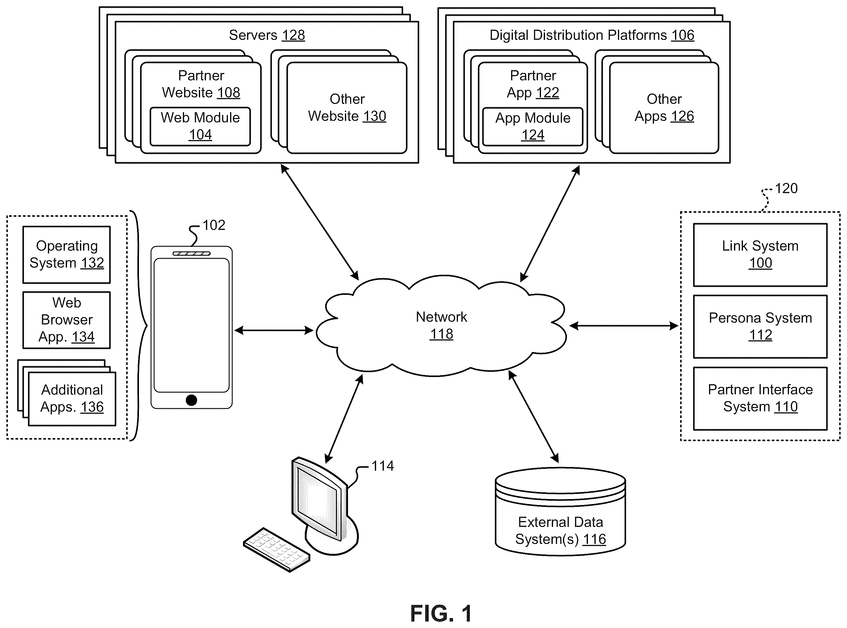 Patent US12112125 — Generating custom application links — Figure 1