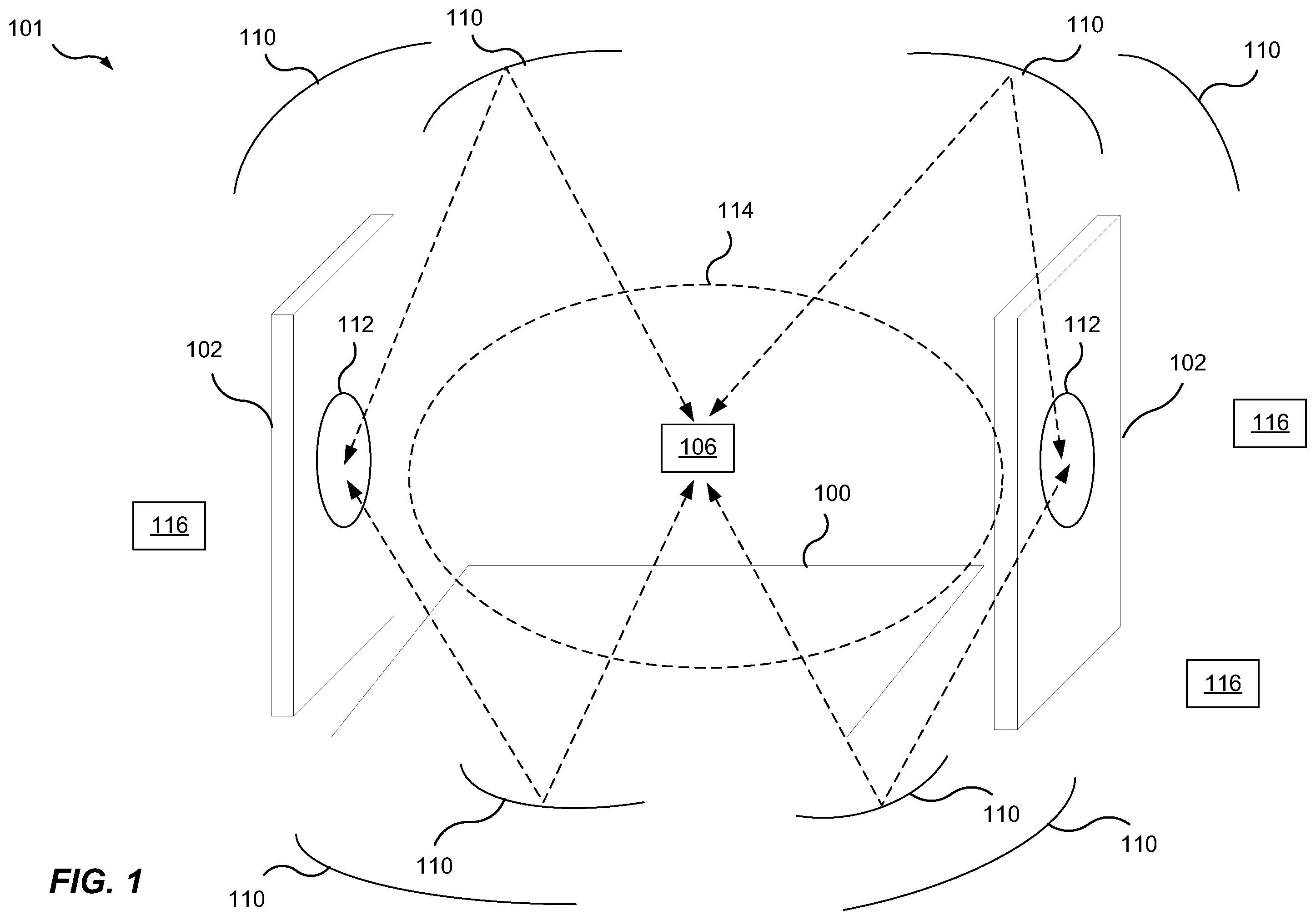Patent US12112225 — Tag tracking / detection system having a reflective surface — Figure 1