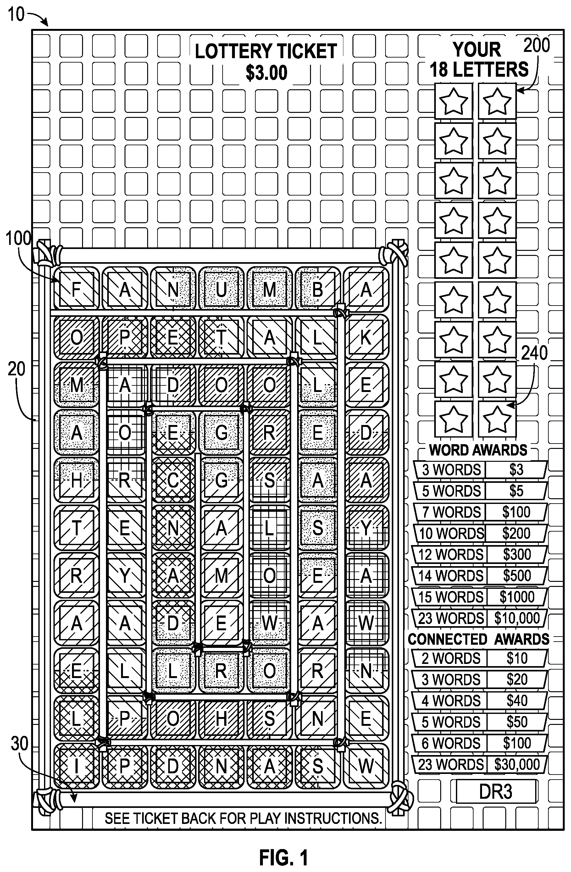 Patent US12112602 Figure 1 – Lottery ticket having connected symbol set feature