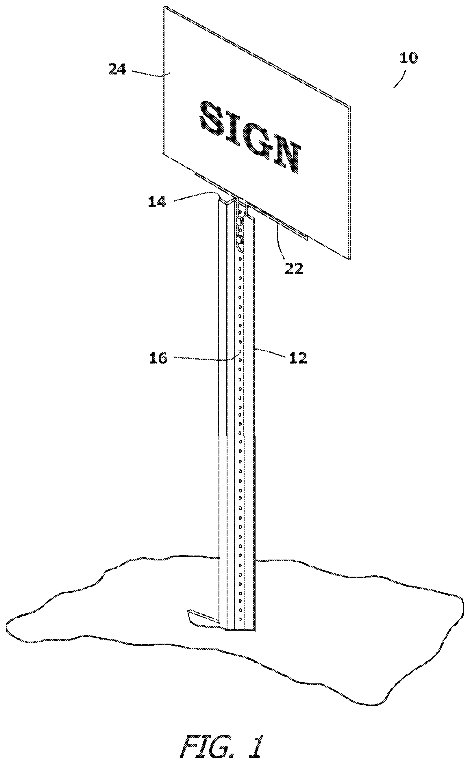 Patent US12112660 — Signage system for attaching a low cost sign to a ground post — Figure 1