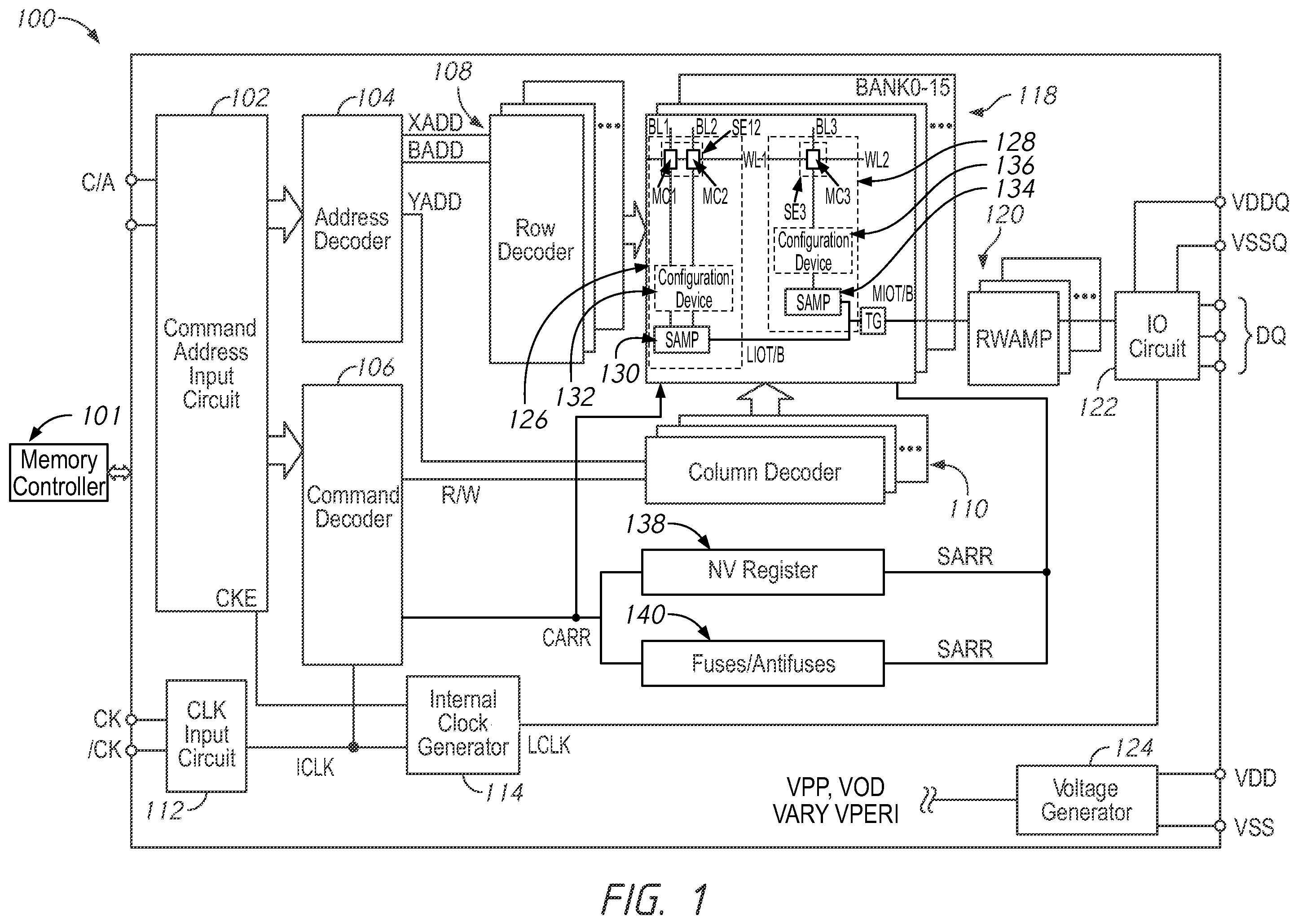 Patent US12112785 — Apparatuses, systems, and methods for configurable memory — Figure 1