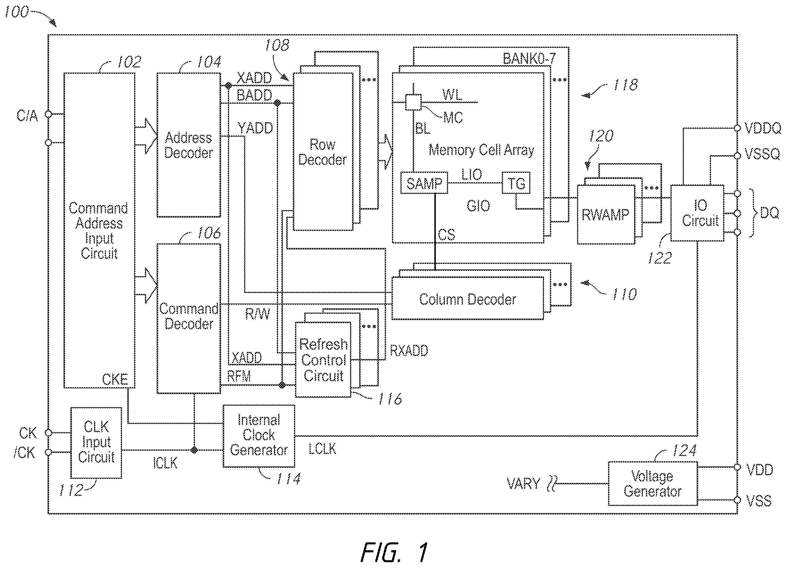 Patent US12112787 — Apparatuses and methods for access based targeted refresh operations — Figure 1