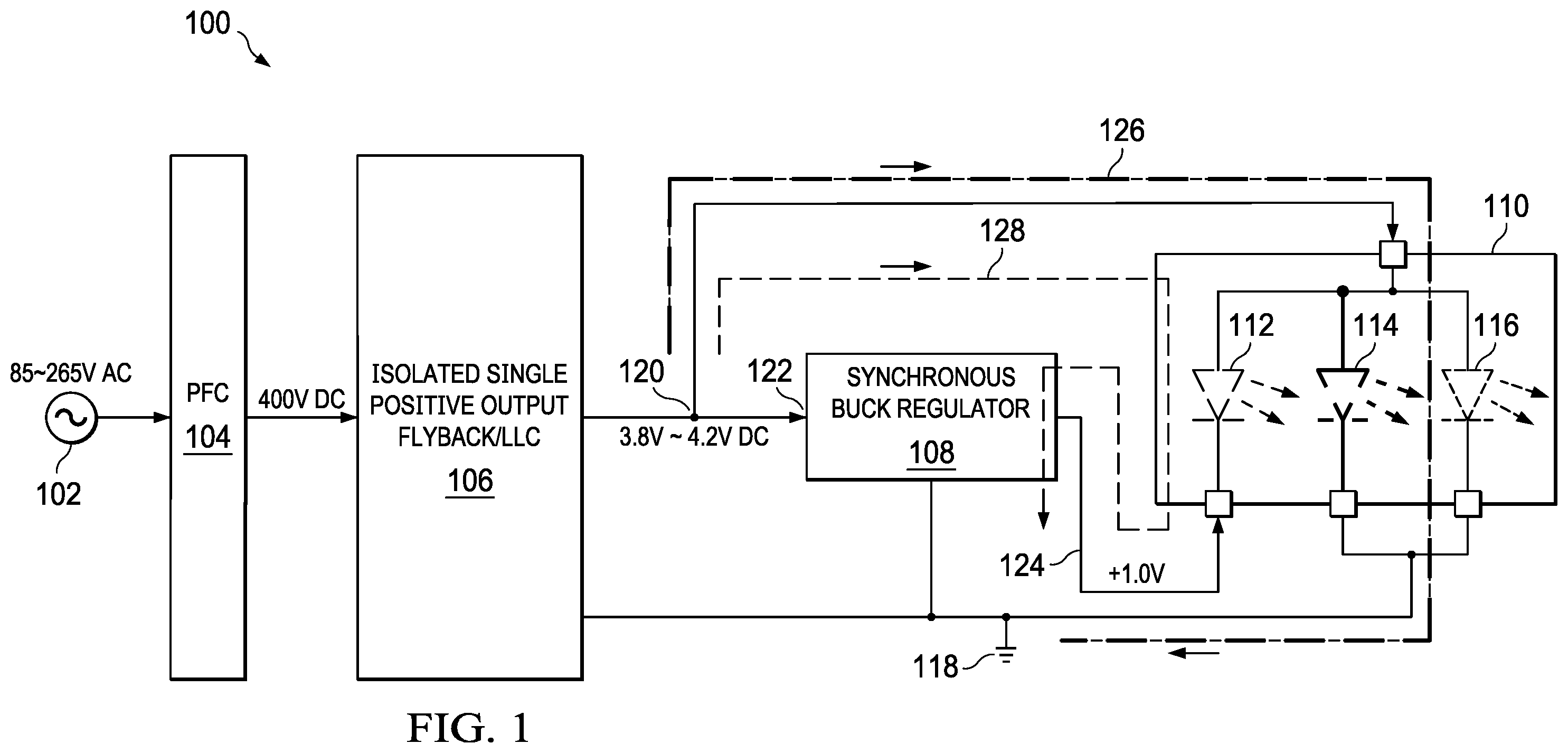 Patent US12120790 — Two-stage power supply architecture with flyback/LLC and buck converter for led display — Figure 1