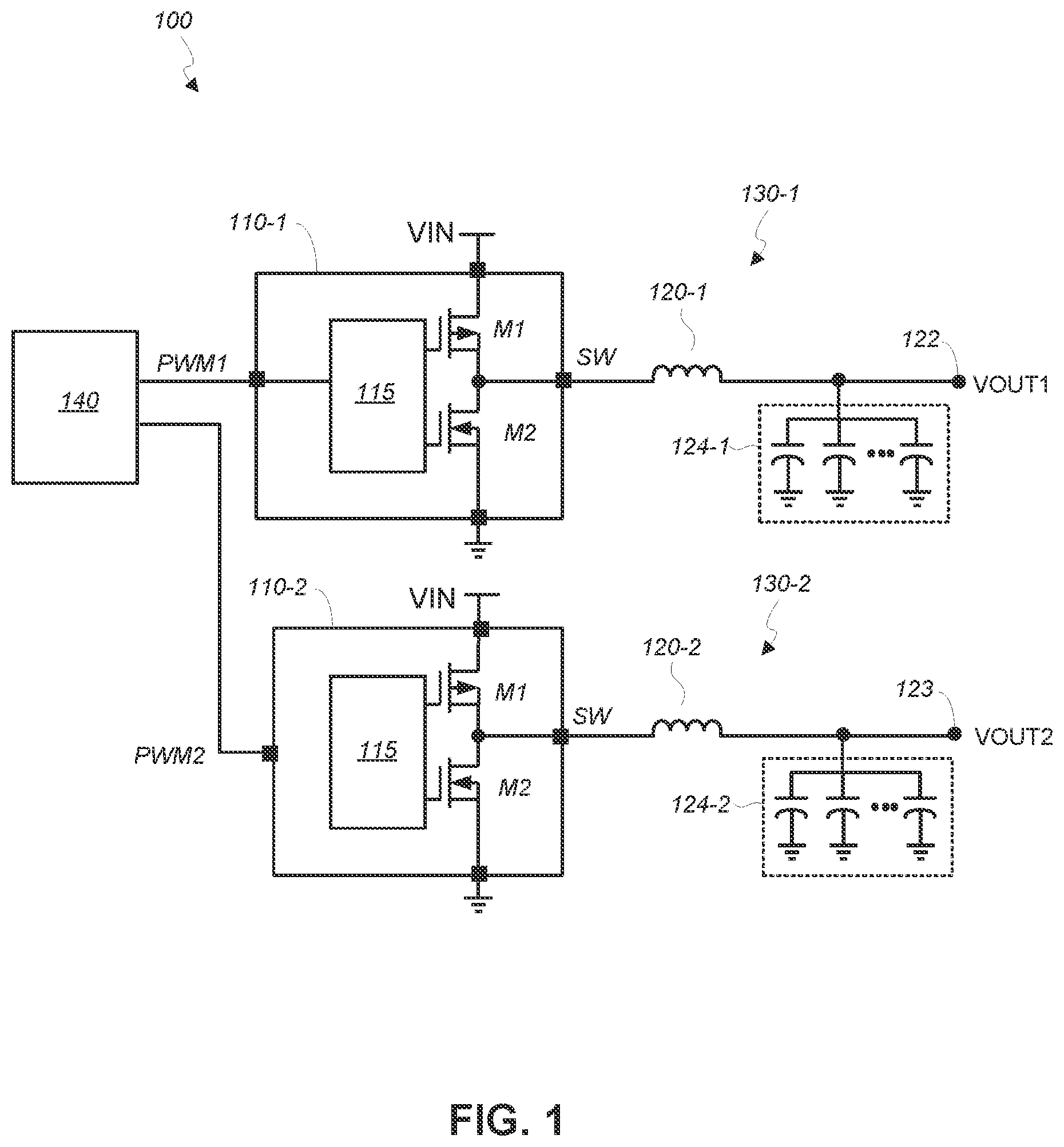 Patent US12120822 — Power module with output inductors and output capacitors that are embedded within substrate layers — Figure 1