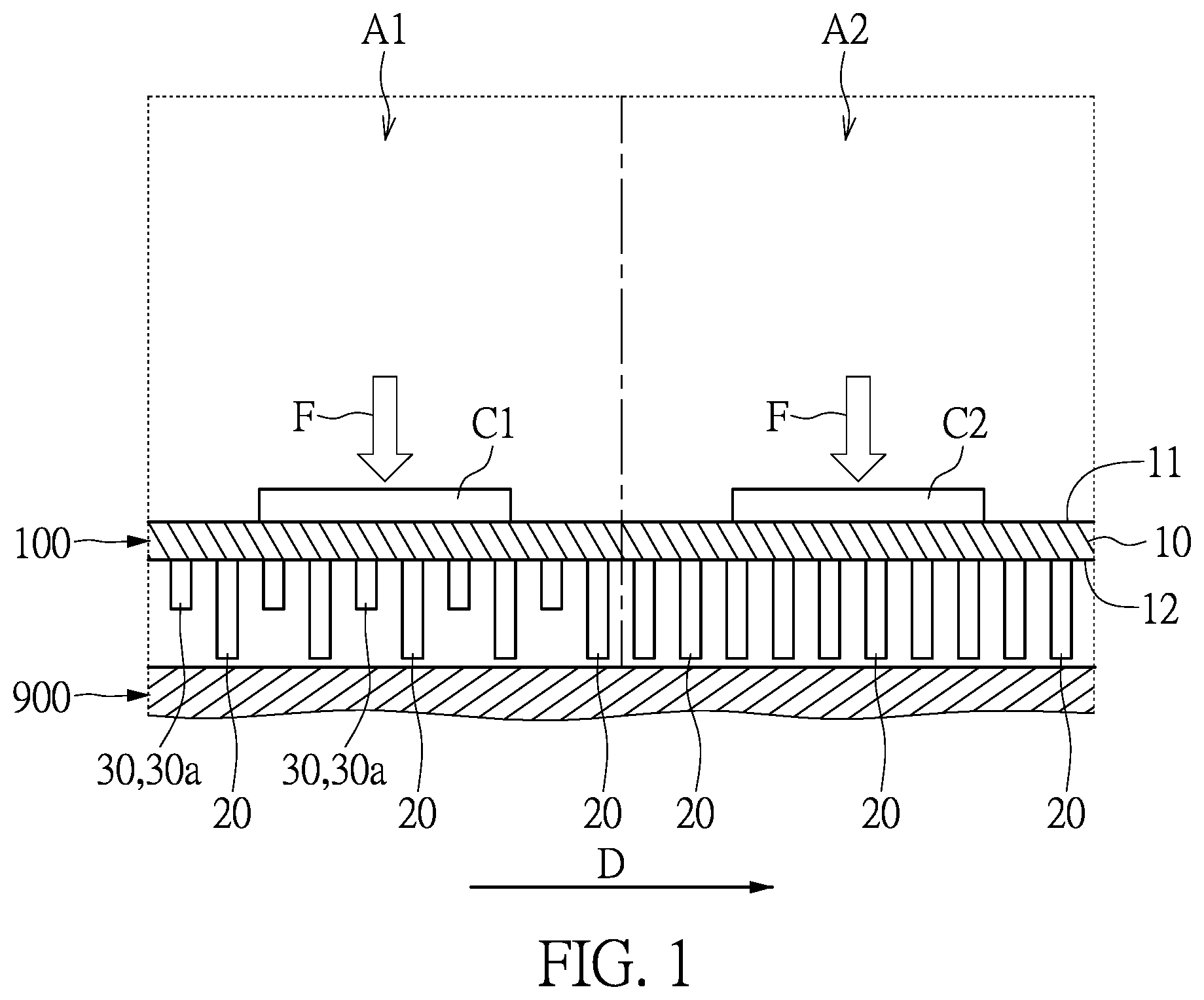 Patent US12120845 Figure 1 – Liquid-cooling heat dissipation plate with unequal height pin-fins and enclosed liquid-cooling cooler having the same