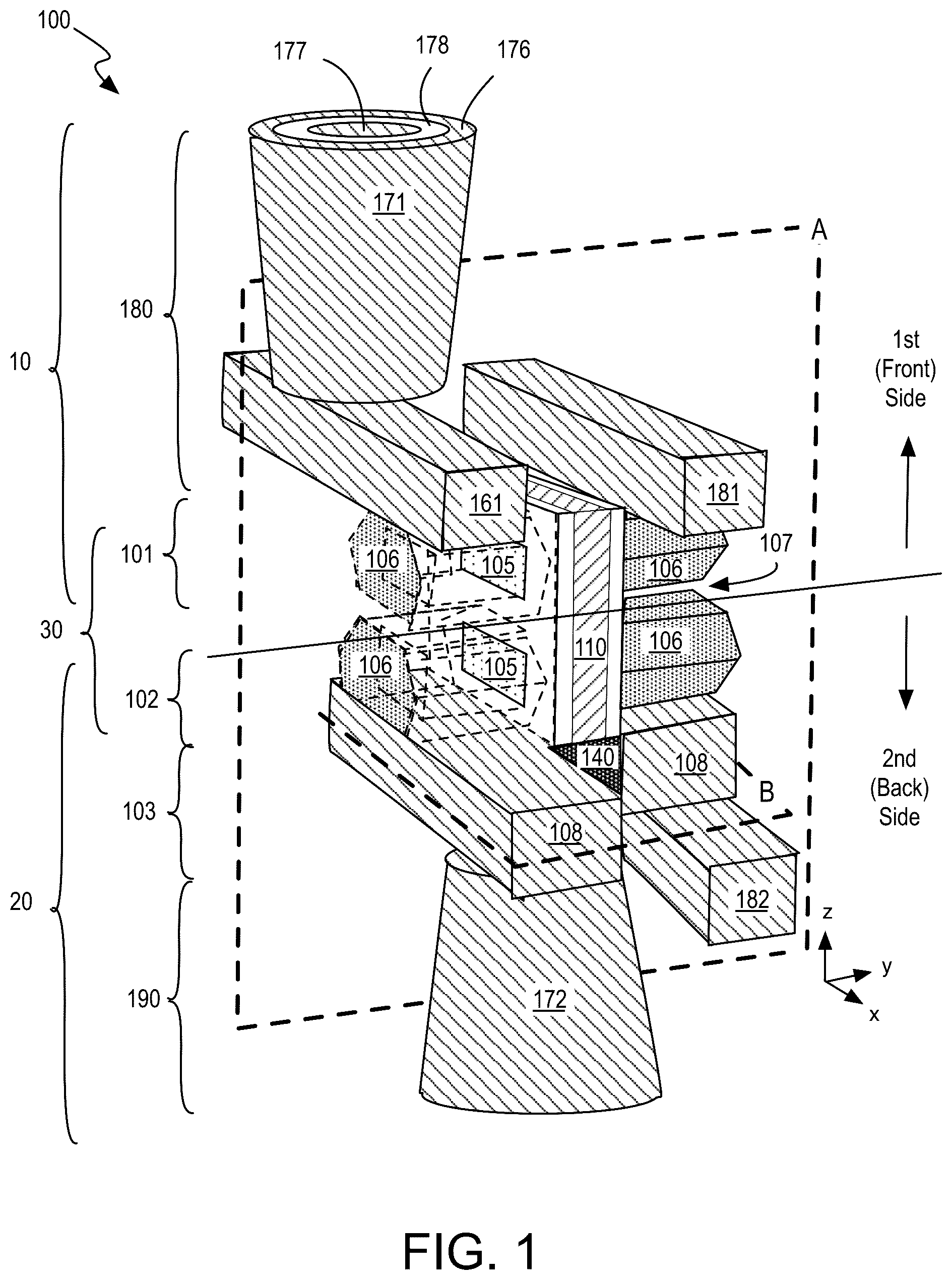 Patent US12120865 — Arrays of double-sided dram cells including capacitors on the frontside and backside of a stacked transistor structure — Figure 1