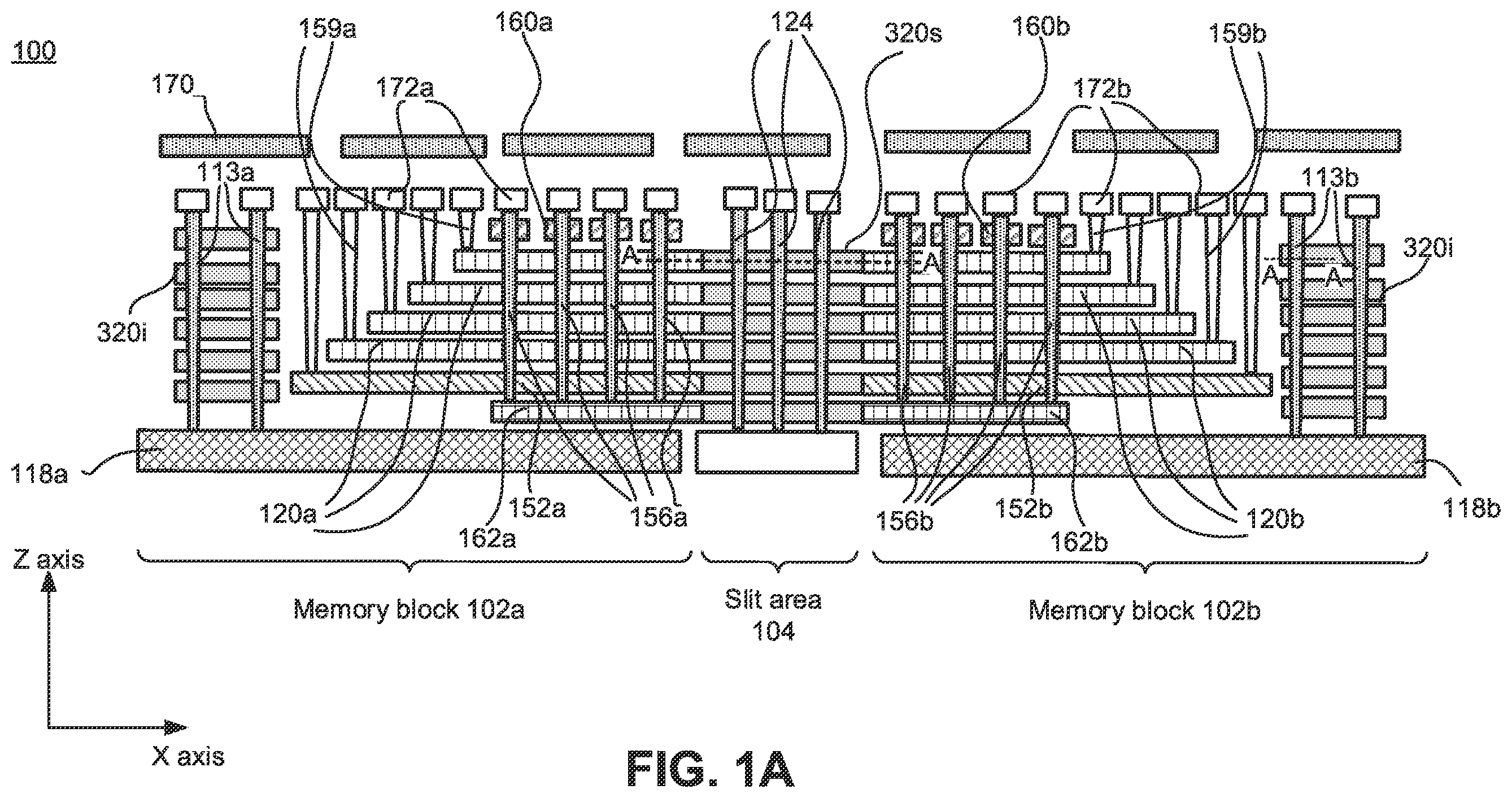 Patent US12120878 — Block-to-block isolation and deep contact using pillars in a memory array — Figure 1