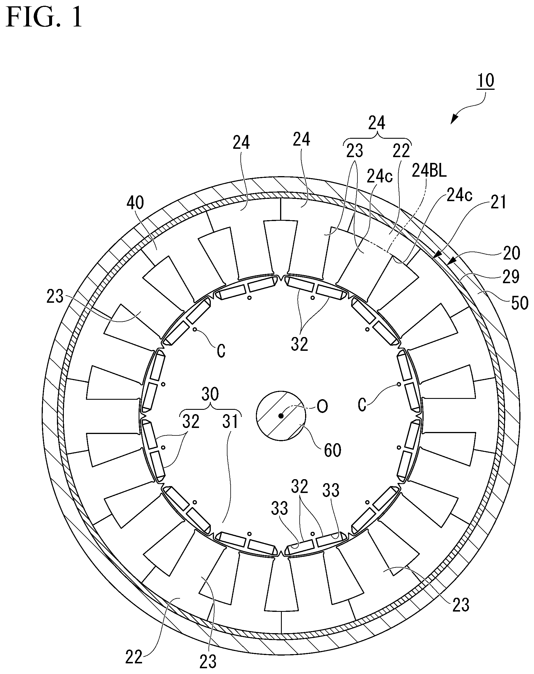 Patent US12126217 — Core block, laminated core, and electric motor — Figure 1