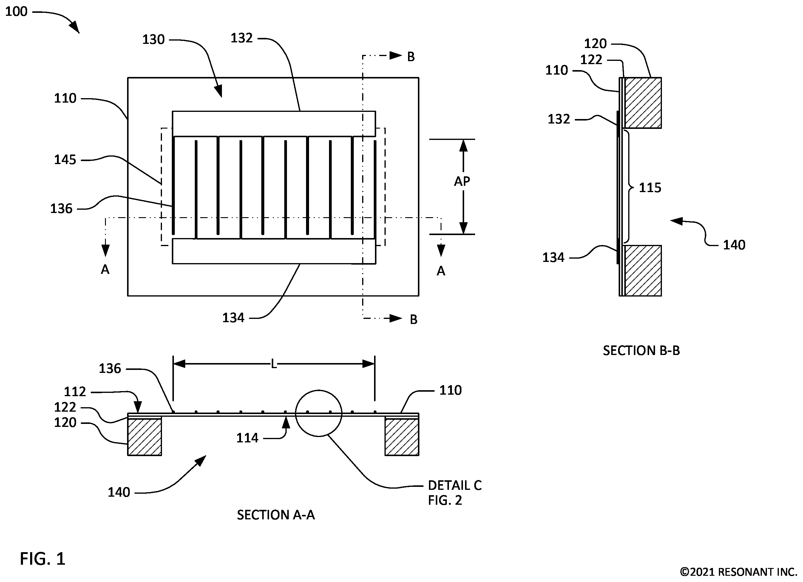 Patent US12126316 — Transversely-excited film bulk acoustic resonator — Figure 1