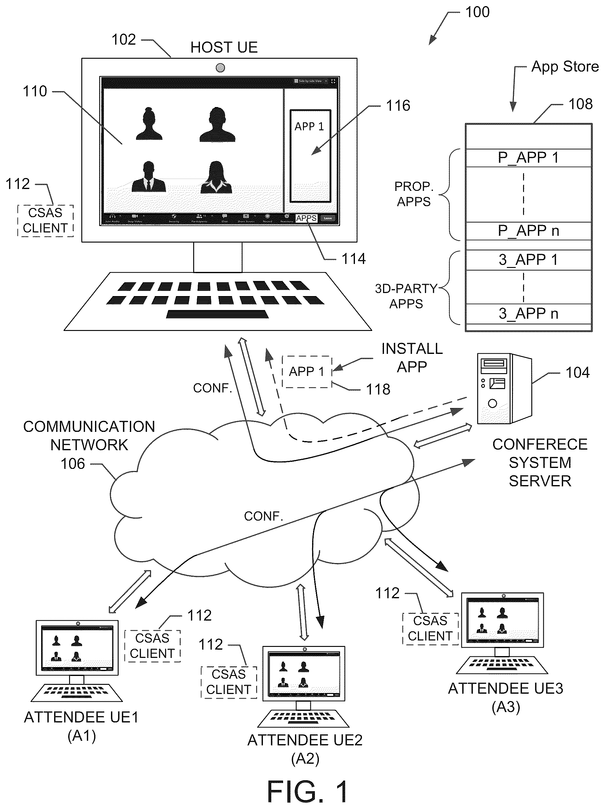 Patent US12126663 — Recording conference application activity associated with a network conference — Figure 1