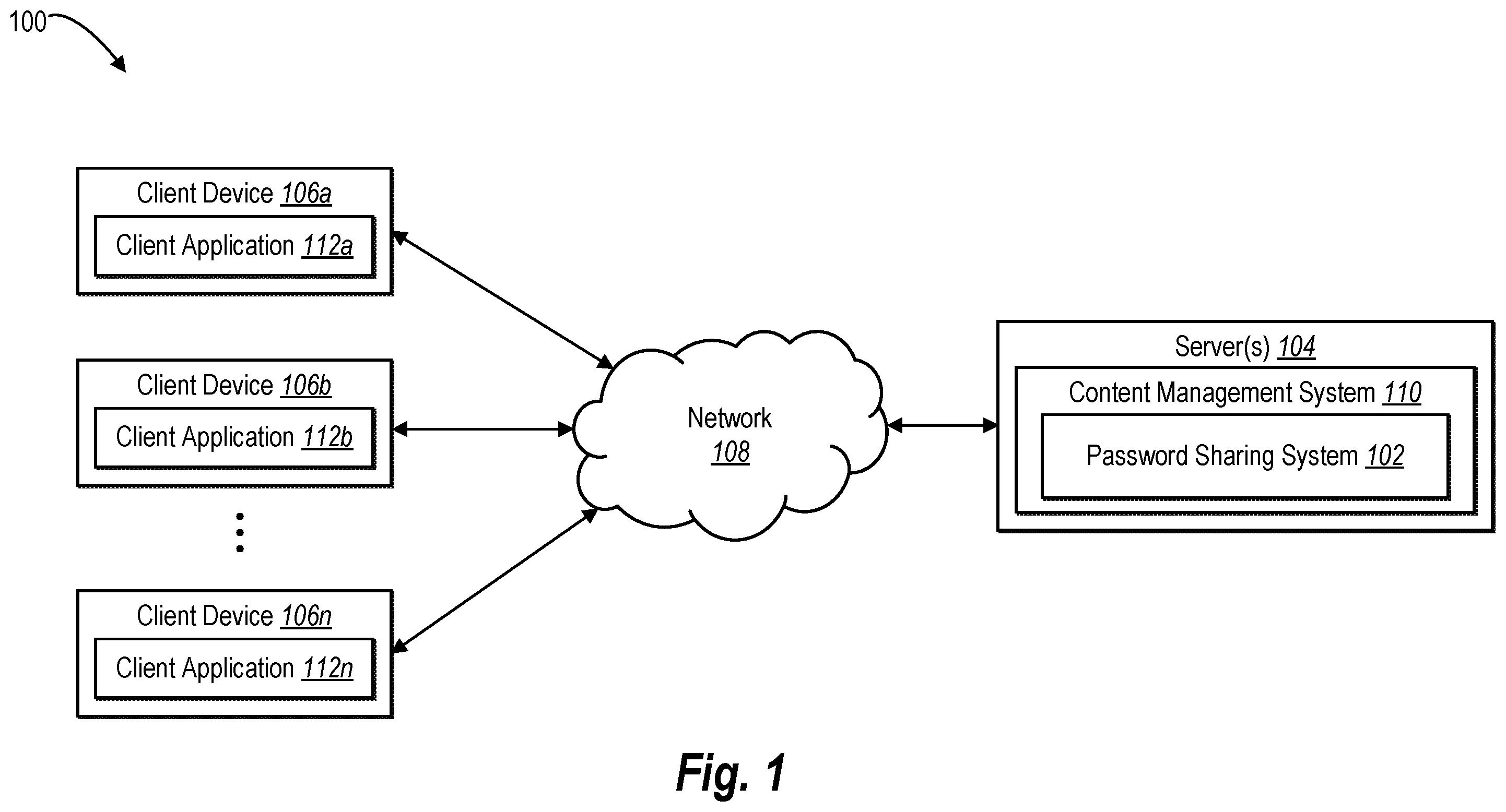 Patent US12126719 — Utilizing encryption key exchange with access permissions to share passwords among devices via a shared folder — Figure 1