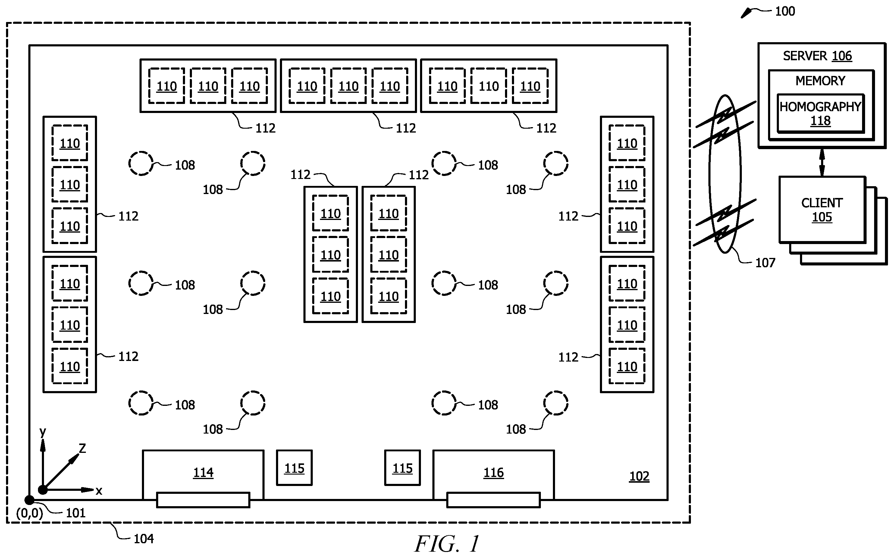 Patent US12126940 — Detection of object removal and replacement from a shelf — Figure 1