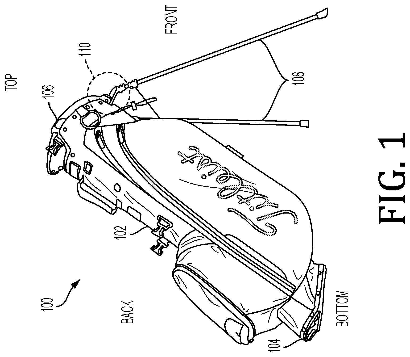 Patent US12128280 Figure 1 – Anti-leg droop system for a golf bag