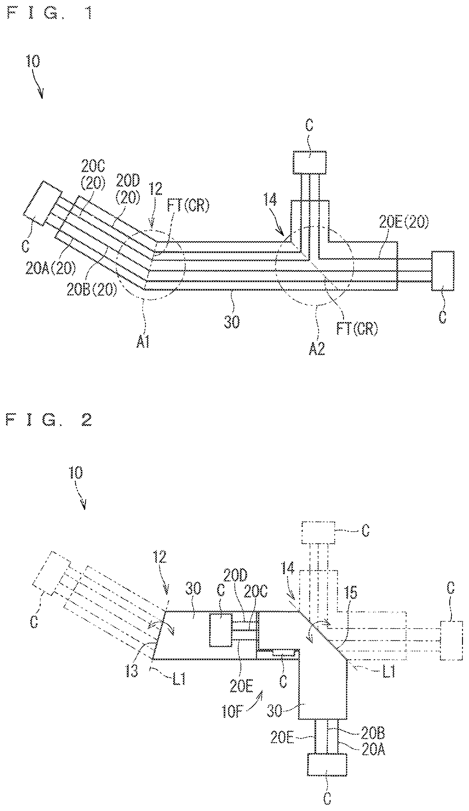 Patent US12128835 — Wiring member with route bending — Figure 1