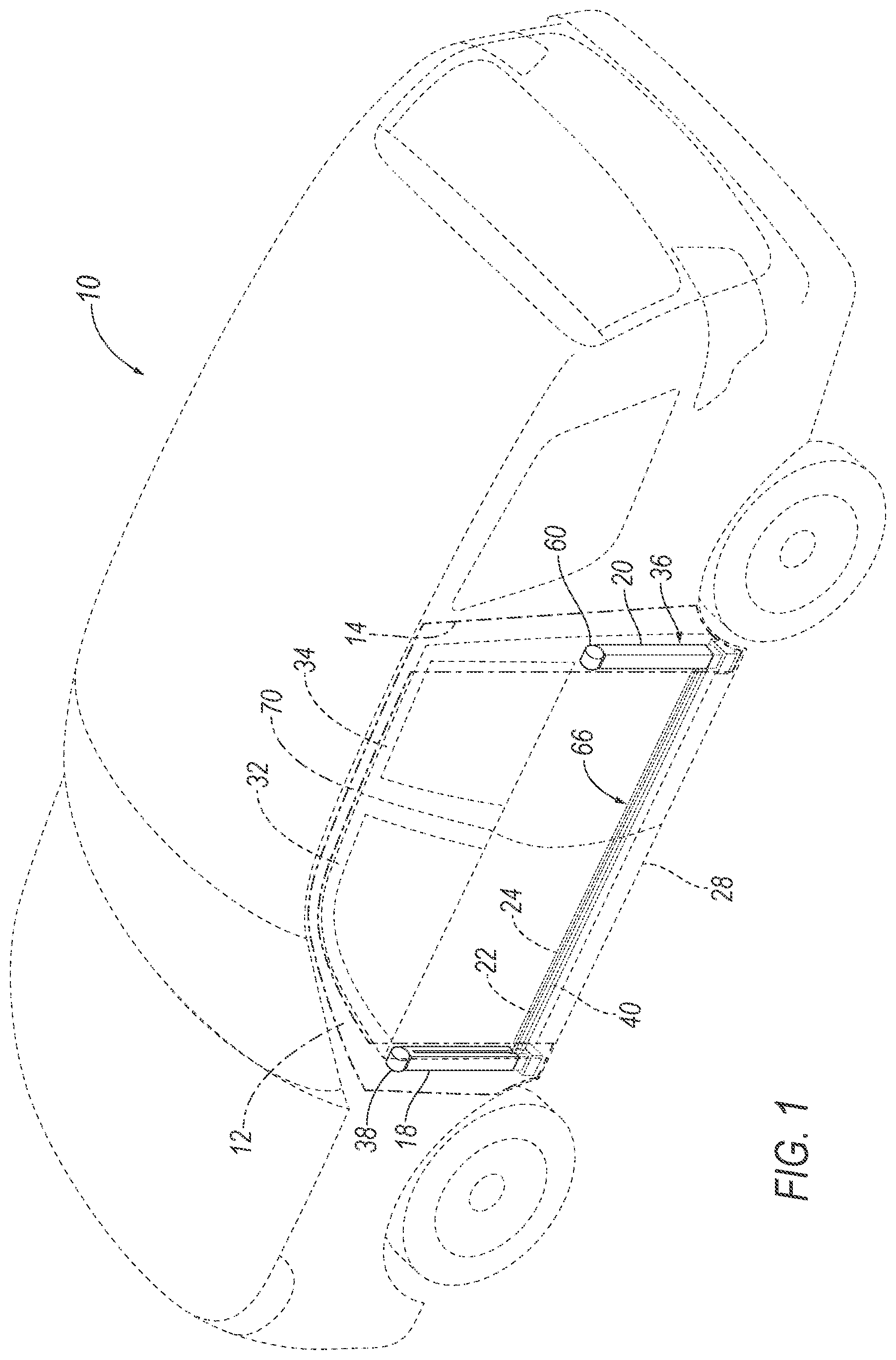 Patent US12128845 — Cable supported airbag inflatable across door opening — Figure 1