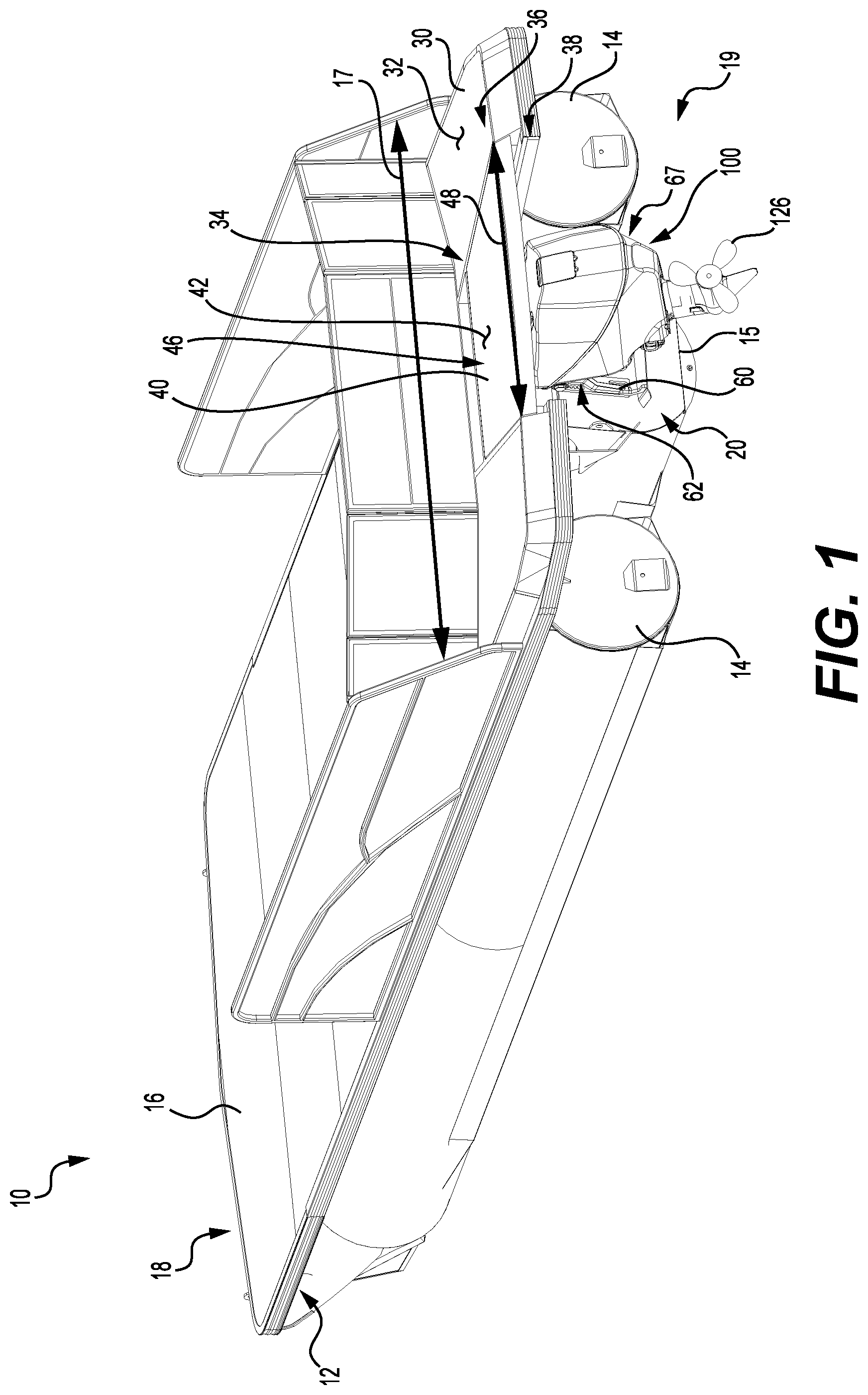 Patent US12129003 — Boat with a transom — Figure 1