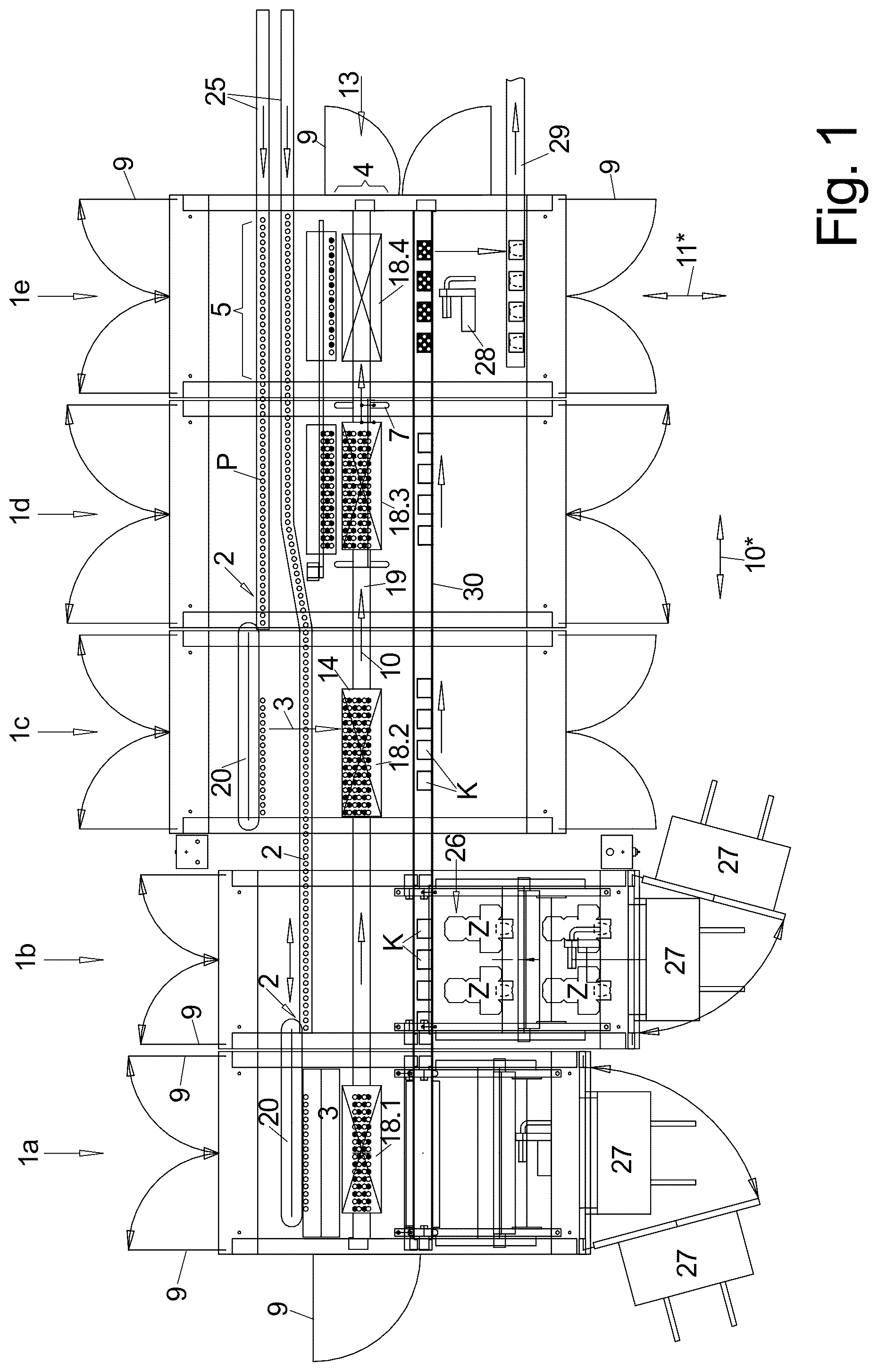 Patent US12129062 Figure 1 – Packaging machine with a grouping device and method for producing single-layer groups of partially overlapping products