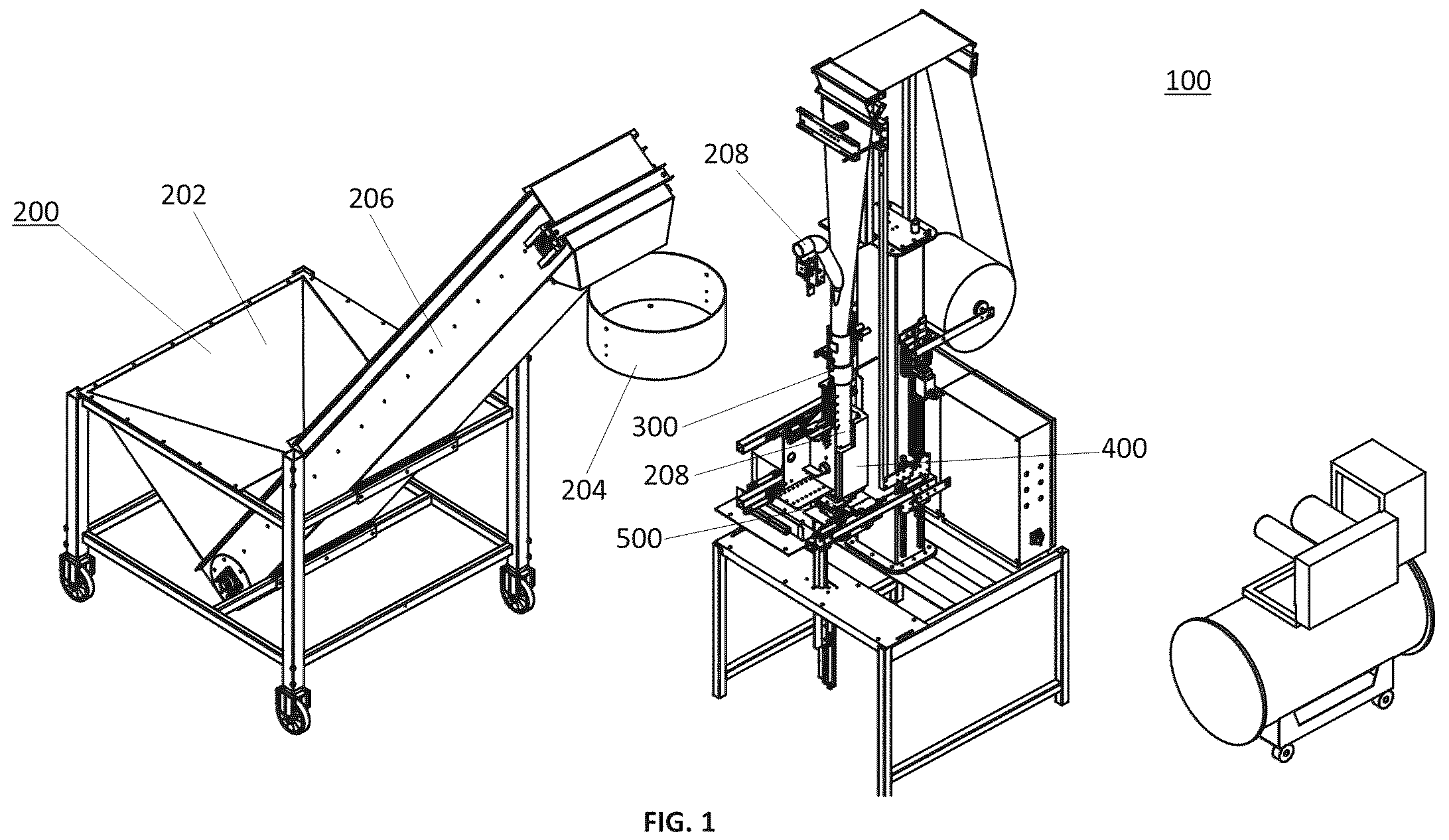 Patent US12129071 — Apparatus for line production of plant growth medium pots or bags — Figure 1
