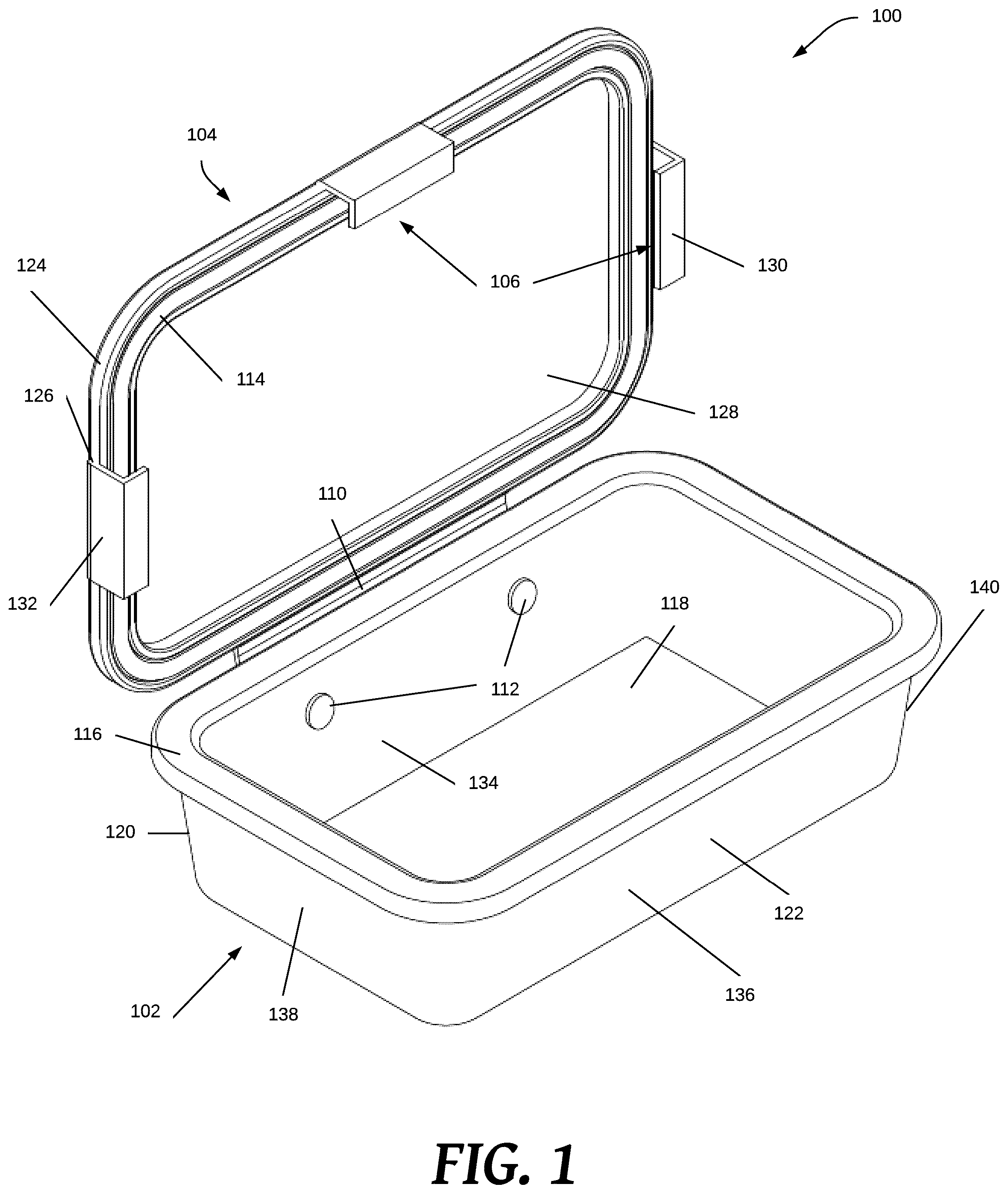 Patent US12129082 Figure 1 – Food storage container having attached lid