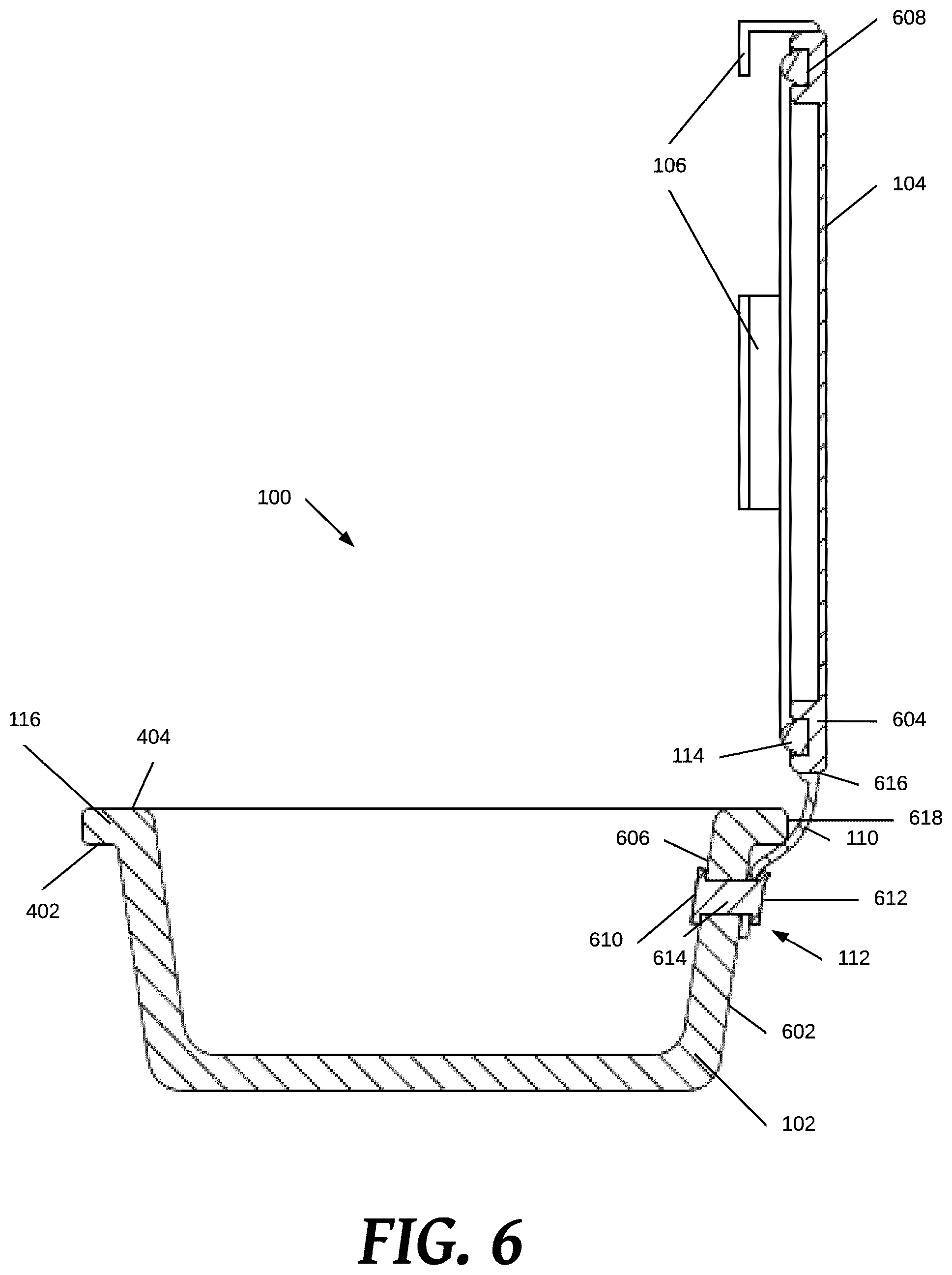 Patent US12129082 Figure 6 – Food storage container having attached lid