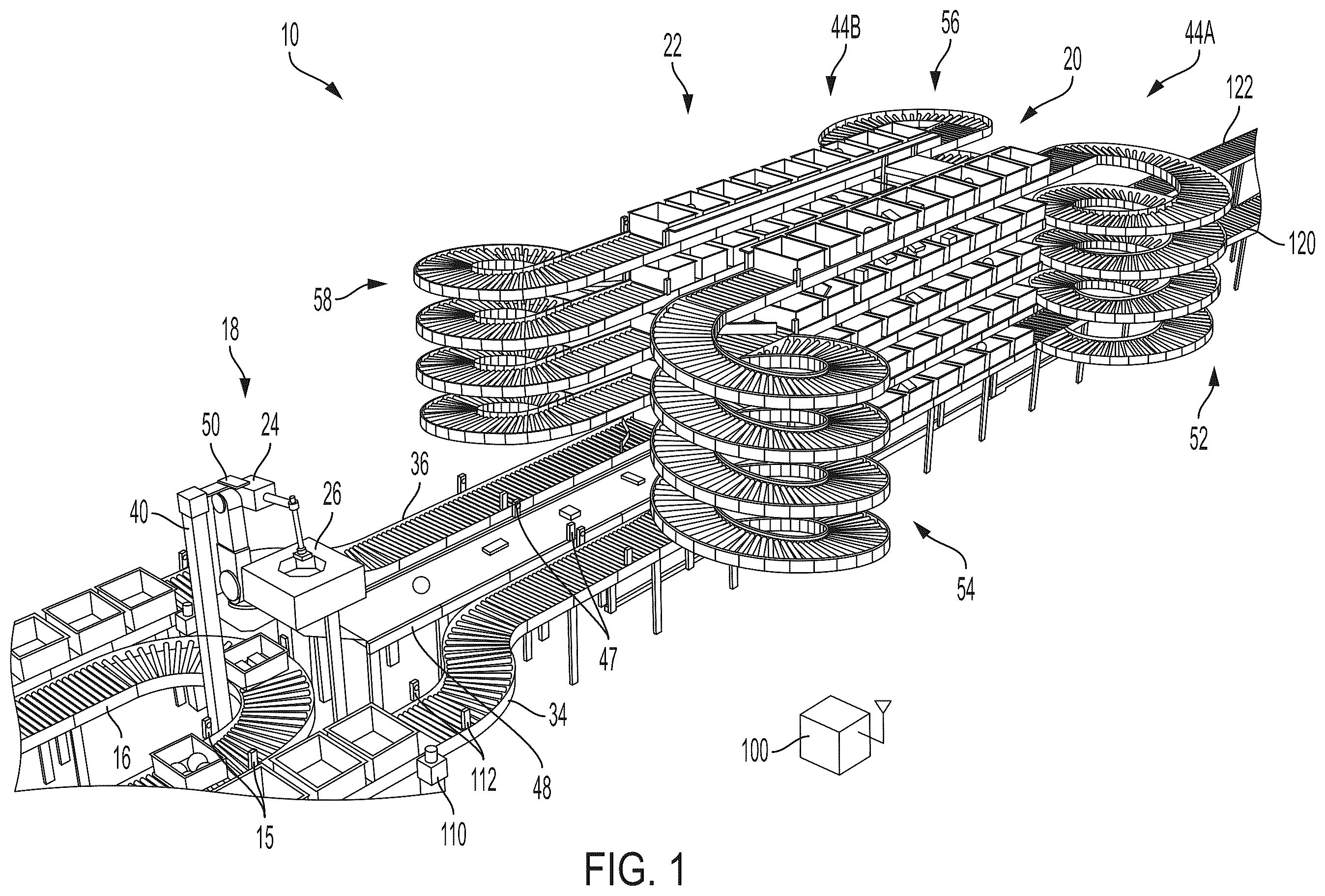 Patent US12129125 — Systems and methods for providing order fulfillment using a conveyor takeaway system — Figure 1