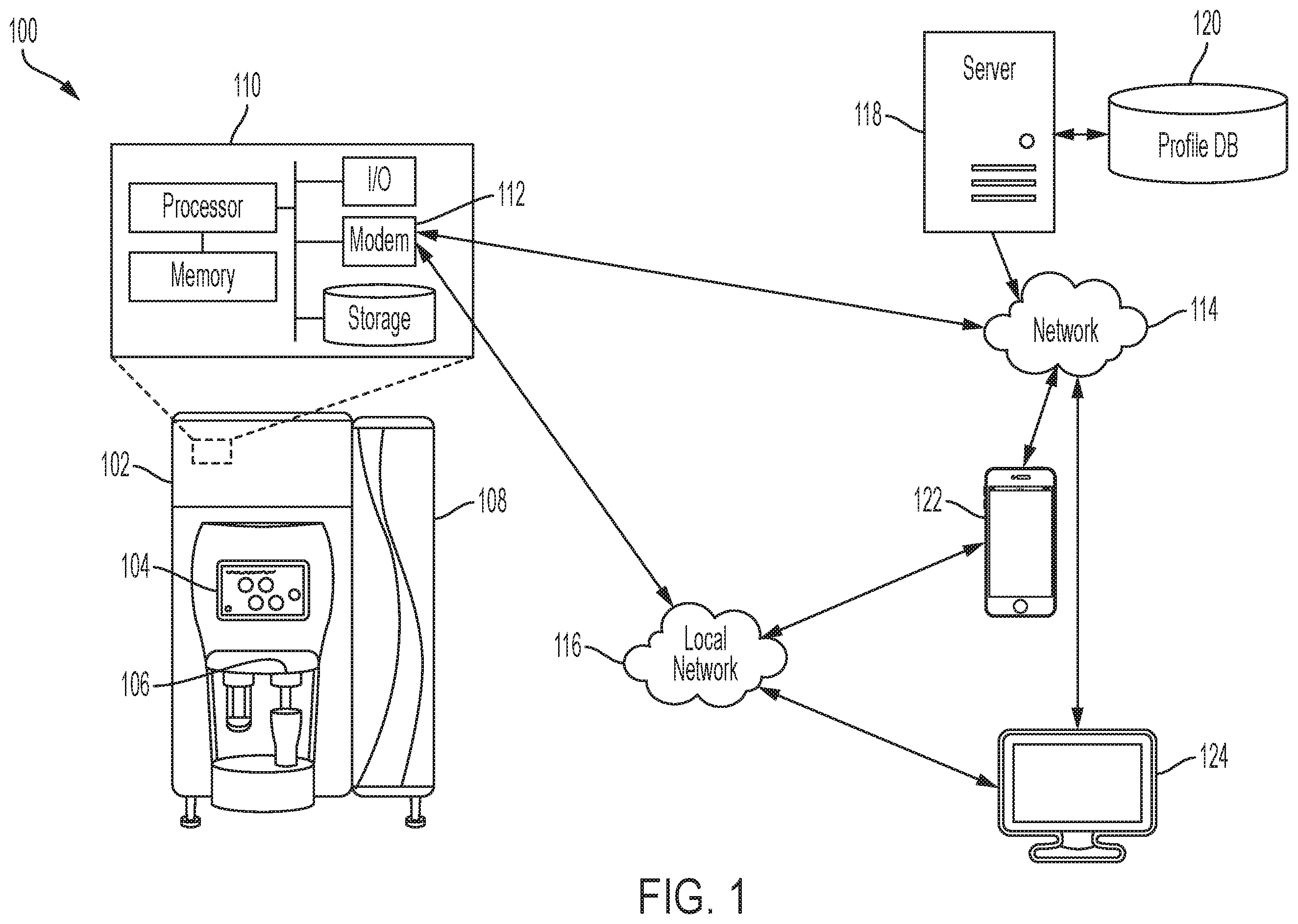 Patent US12129163 — Remote beverage selection with a beverage dispenser — Figure 1
