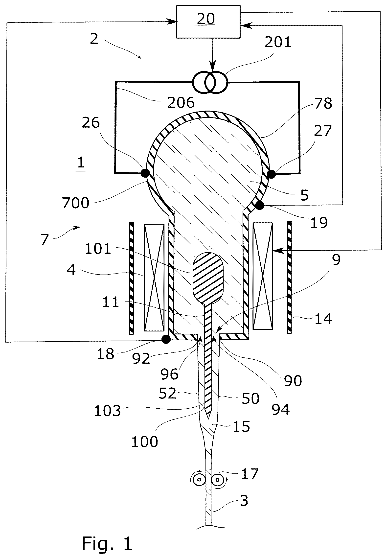 Patent US12129197 — Apparatus and method for producing glass ribbons — Figure 1