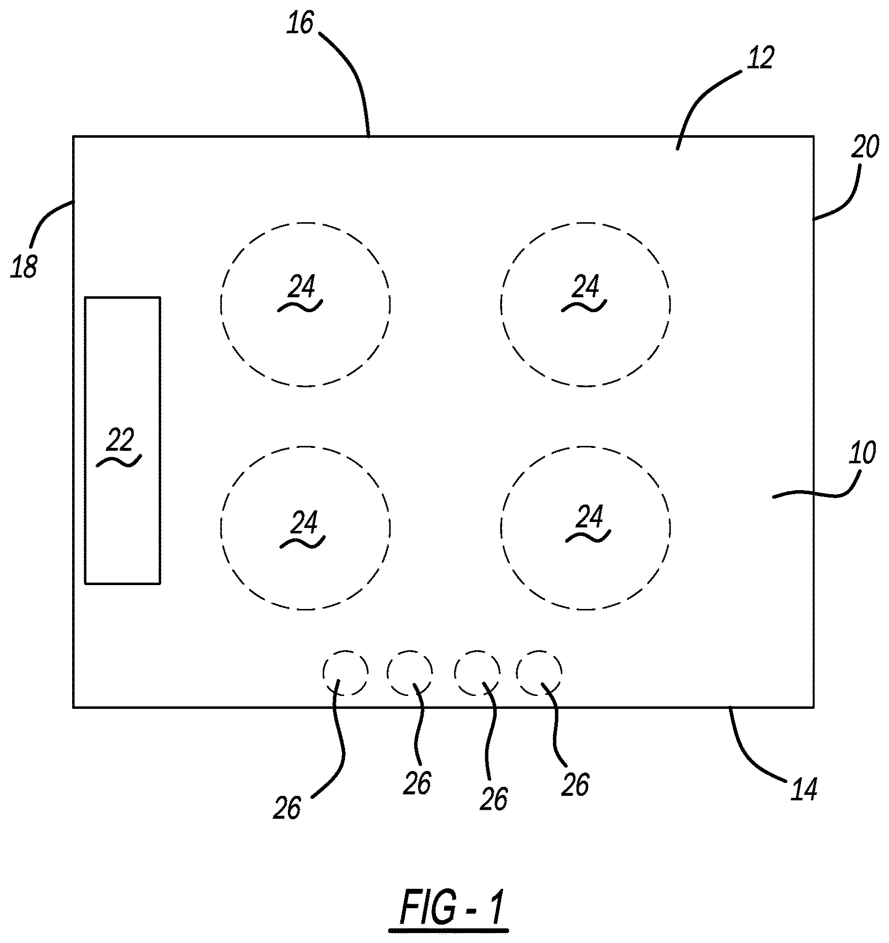 Patent US12129202 — Spill containment and management system for glass ceramic cooktop — Figure 1