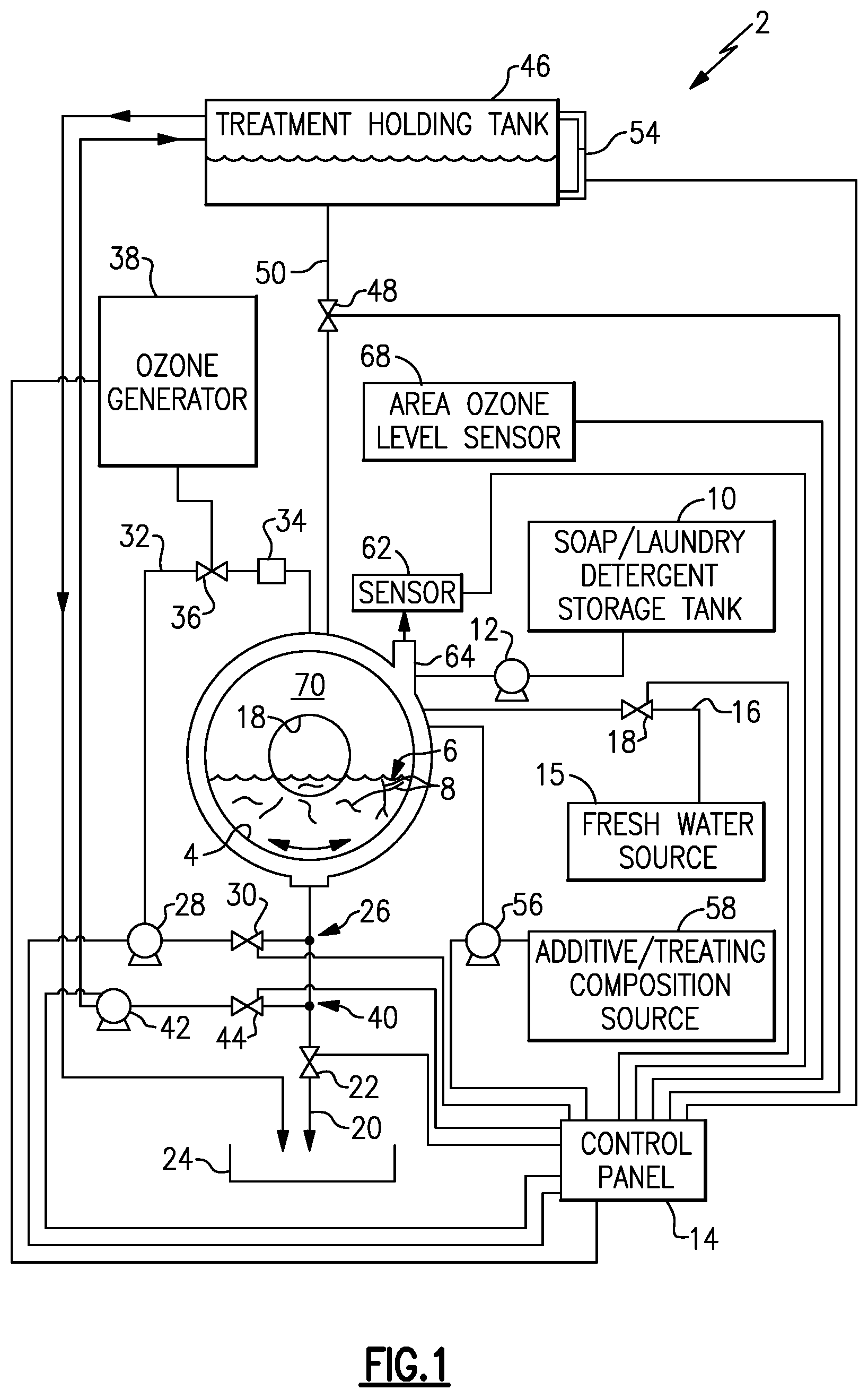 Patent US12129589 — Washing machine with holding tank for temporarily storing costly laundry additive — Figure 1