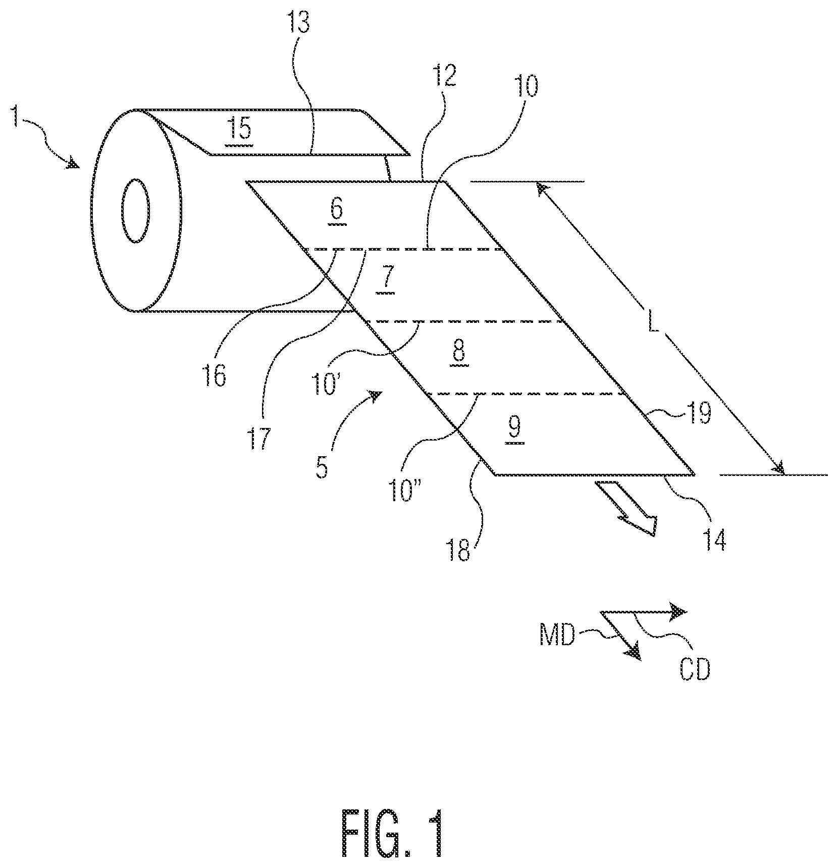 Patent US12129600 — Rolled products for one handed dispensing — Figure 1