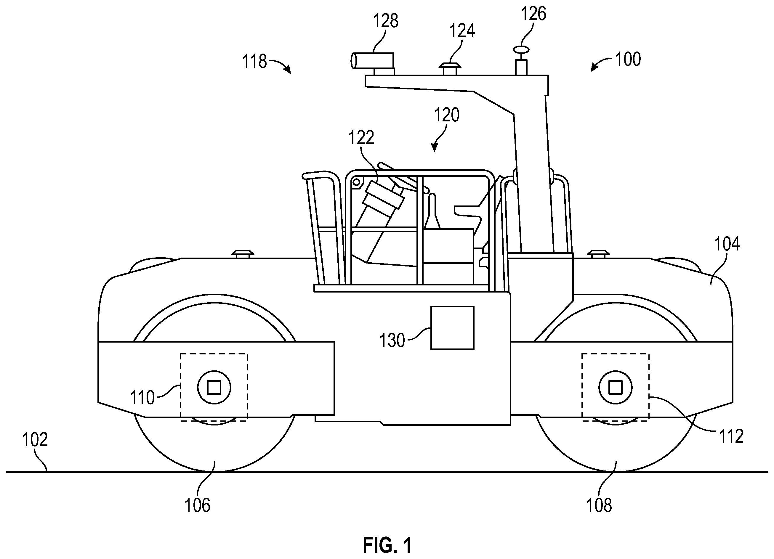Patent US12129607 — Control system and method for defining and generating compactor work area — Figure 1